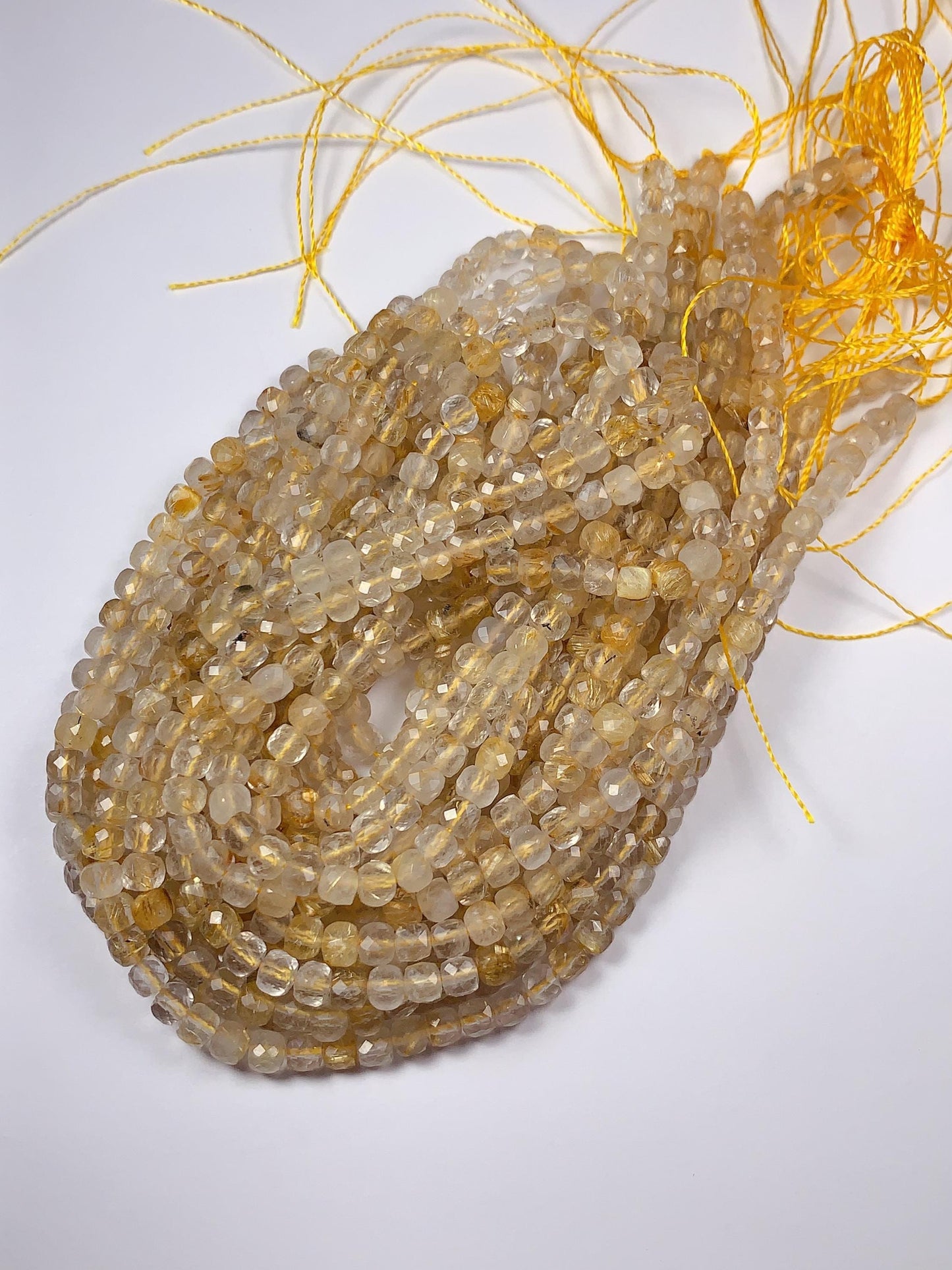 4.5mm High Quality Gold Rutilated Quartz Faceted Cube Square Beads Gemstone Strand 15.5 Golden