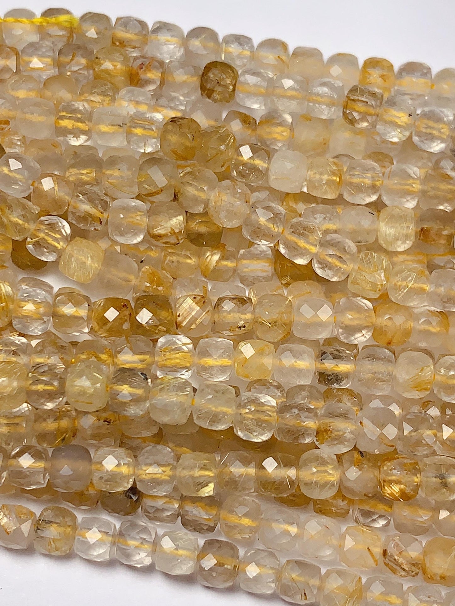 4.5mm High Quality Gold Rutilated Quartz Faceted Cube Square Beads Gemstone Strand 15.5 Golden