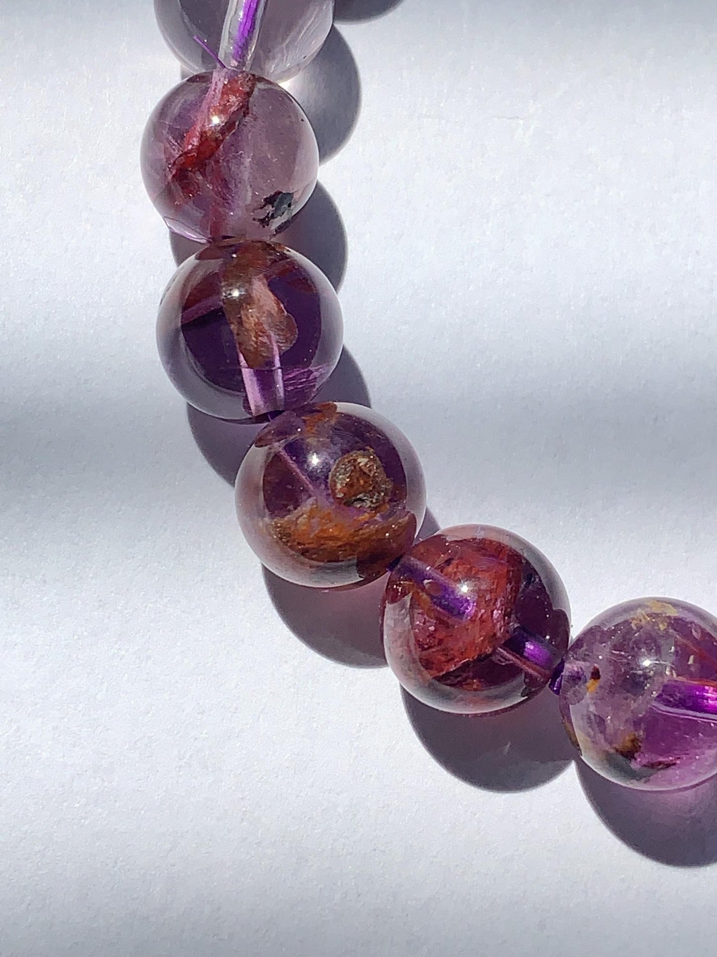 Super 7 Crystal Bracelet: Natural Amethyst Cacoxenite Quartz, Purple Brown Gemstone
