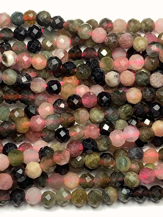 3mm Genuine Natural Black Green Pink Orange Rainbow Tourmaline Faceted Round Beads 15.5" Strand PA20251036