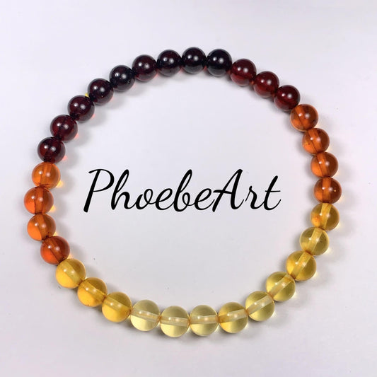 Natural Amber Smooth Round Bead Bracelet: Yellow Gold Orange Brown, 6mm