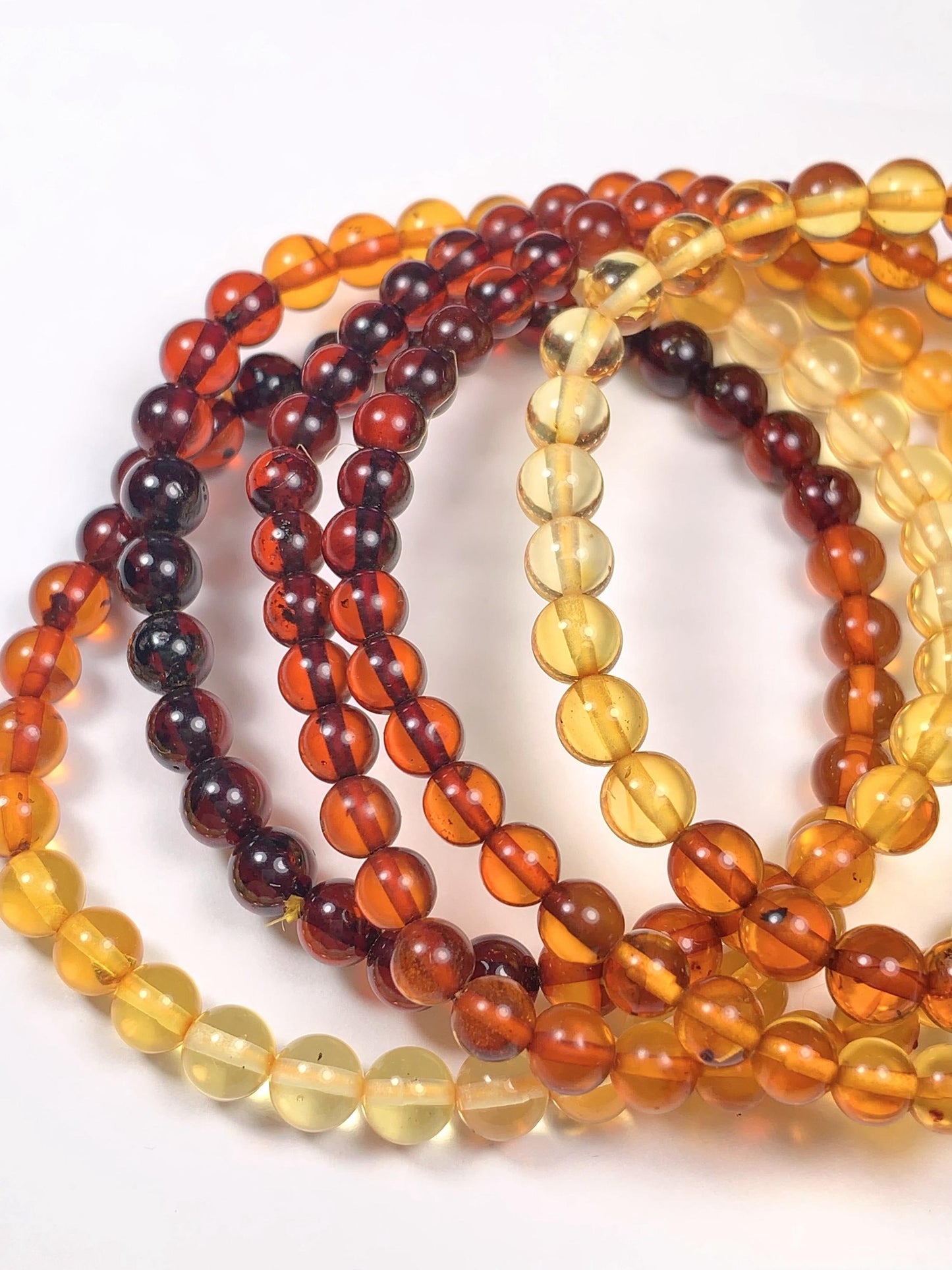 Natural Amber Smooth Round Bead Bracelet: Yellow Gold Orange Brown, 6mm