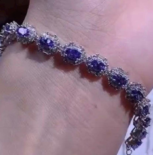 5x3mm  Grade AAA Genuine Natural Purple Tanzanite round Cut 18K white Gold Plated S 925 Sterling Silver Bracelet