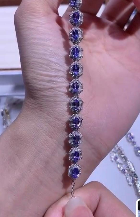 5x3mm  Grade AAA Genuine Natural Purple Tanzanite round Cut 18K white Gold Plated S 925 Sterling Silver Bracelet