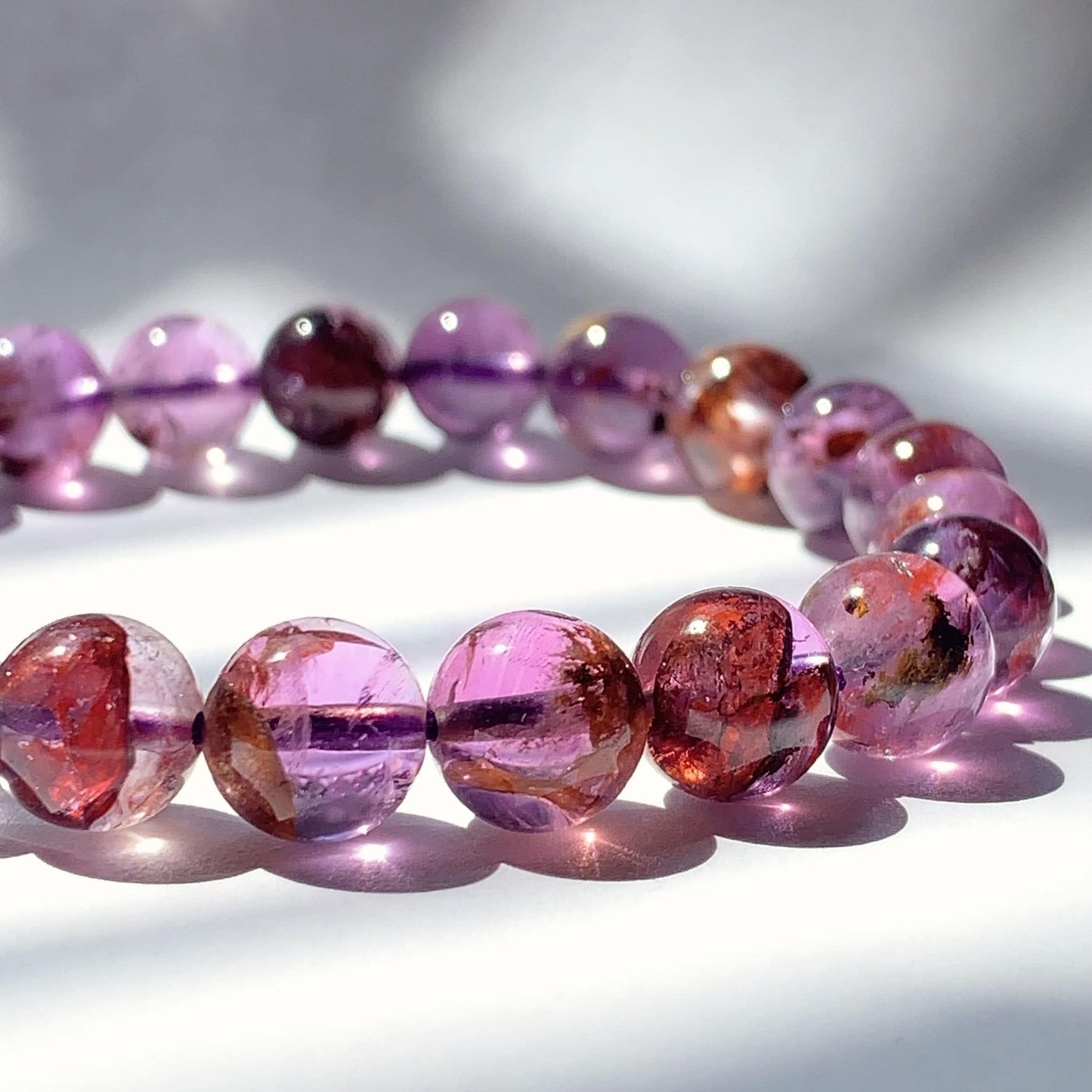 Super 7 Crystal Bracelet: Natural Amethyst Cacoxenite Quartz, Purple Brown Gemstone