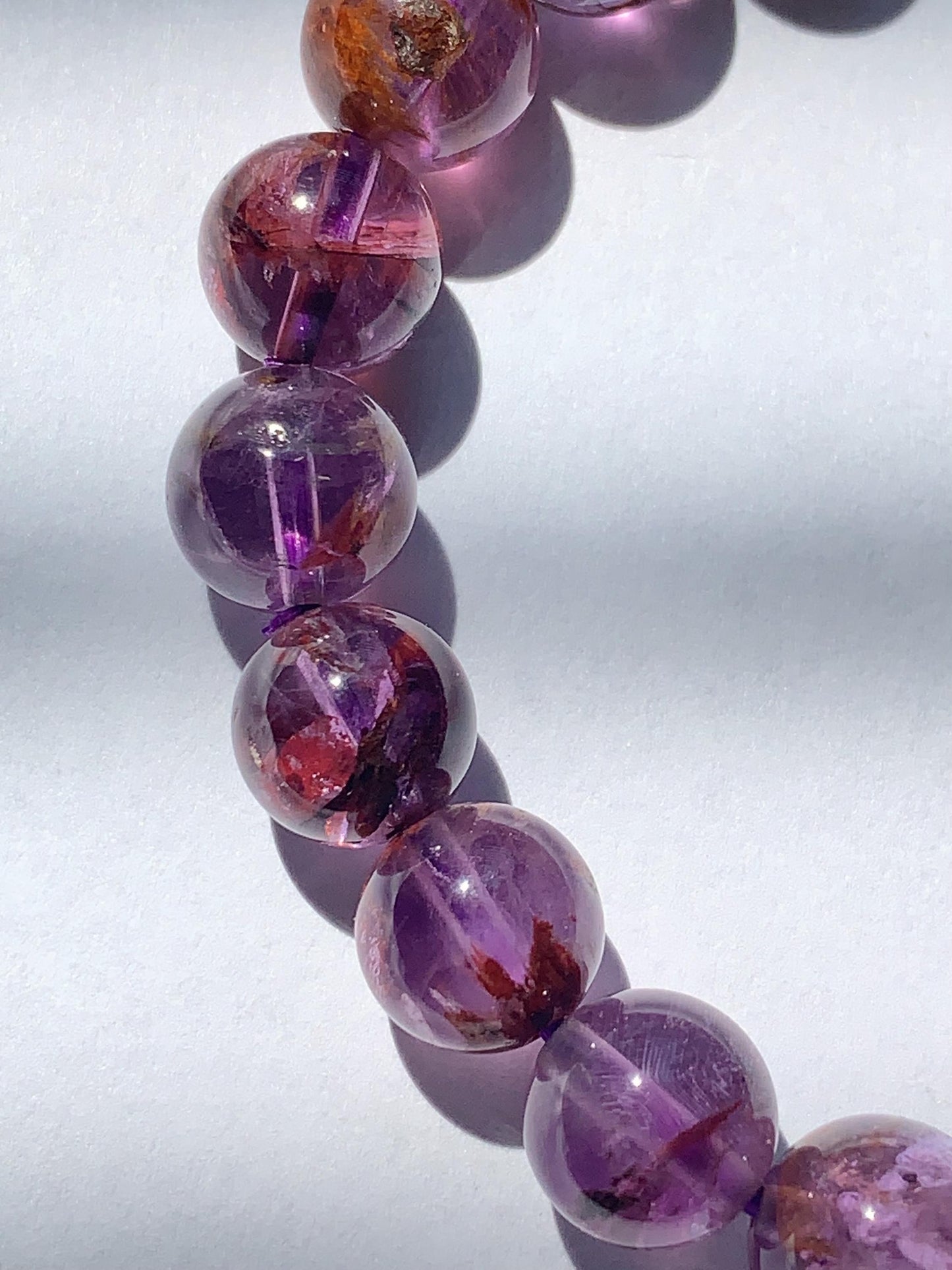 Super 7 Crystal Bracelet: Natural Amethyst Cacoxenite Quartz, Purple Brown Gemstone