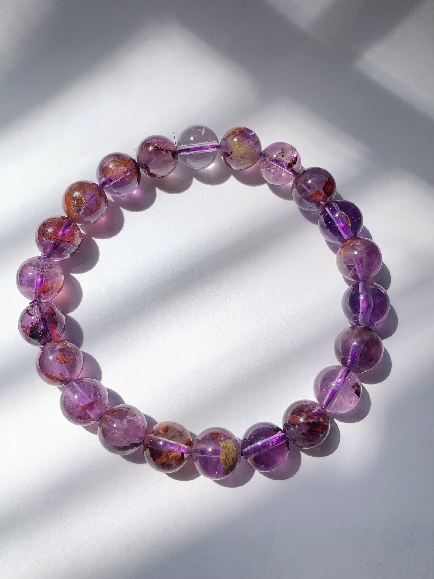 Super 7 Crystal Bracelet: Natural Amethyst Cacoxenite Quartz, Purple Brown Gemstone