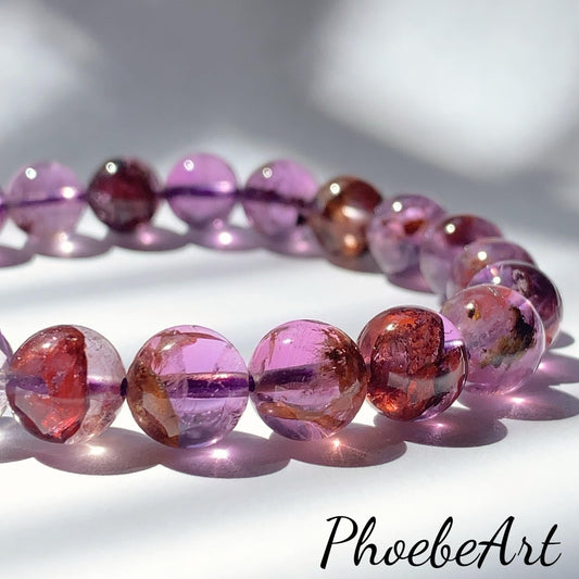 Super 7 Crystal Bracelet: Natural Amethyst Cacoxenite Quartz, Purple Brown Gemstone