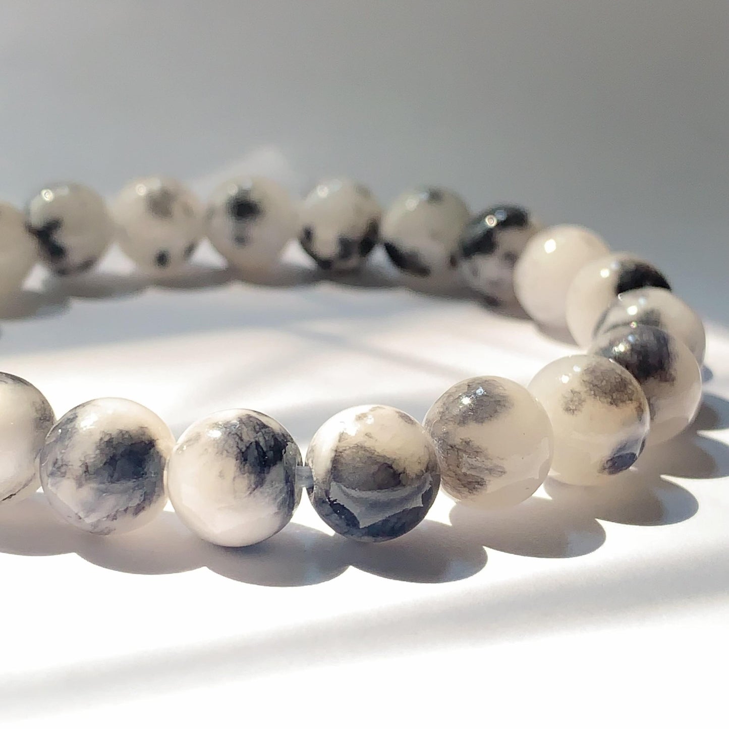 Black White Botswana Jade Stretch Bracelet: AAA Grade Gemstone, Handmade in USA