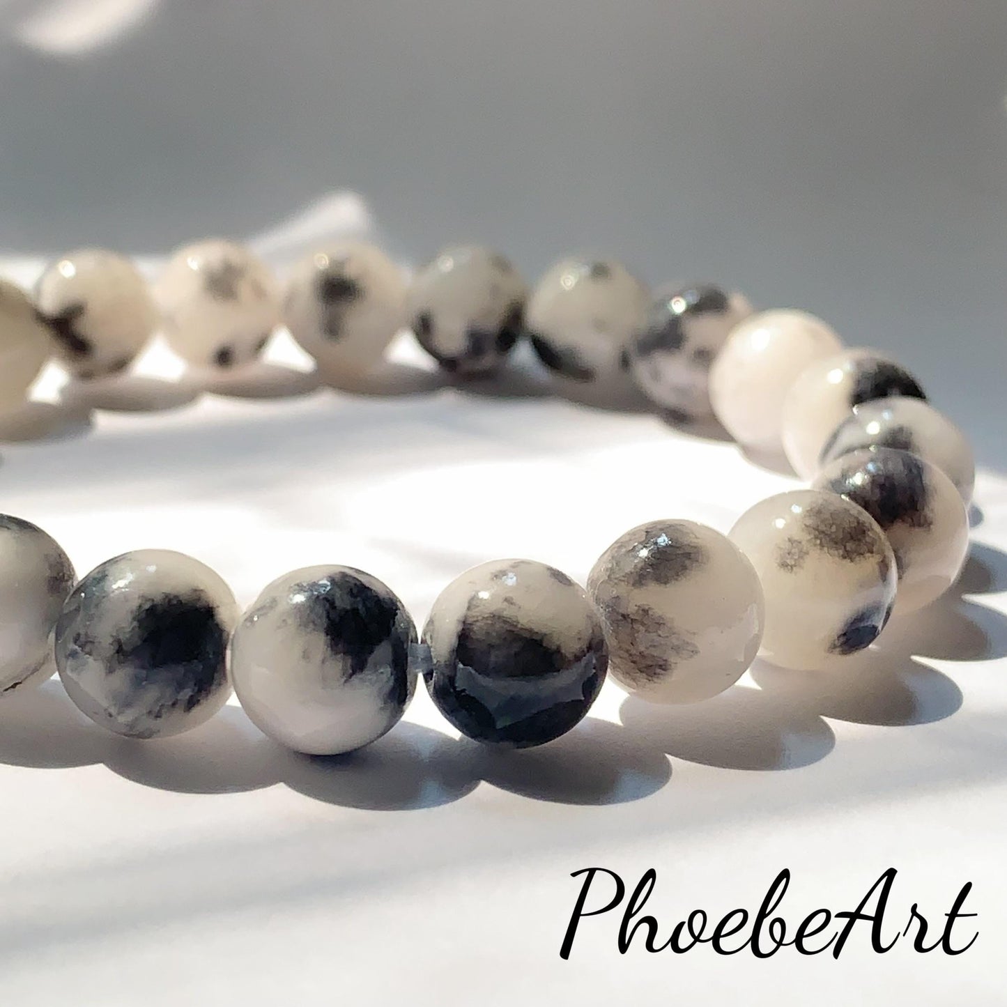 Black White Botswana Jade Stretch Bracelet: AAA Grade Gemstone, Handmade in USA