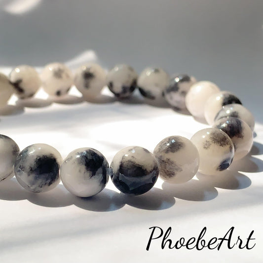 Black White Botswana Jade Stretch Bracelet: AAA Grade Gemstone, Handmade in USA