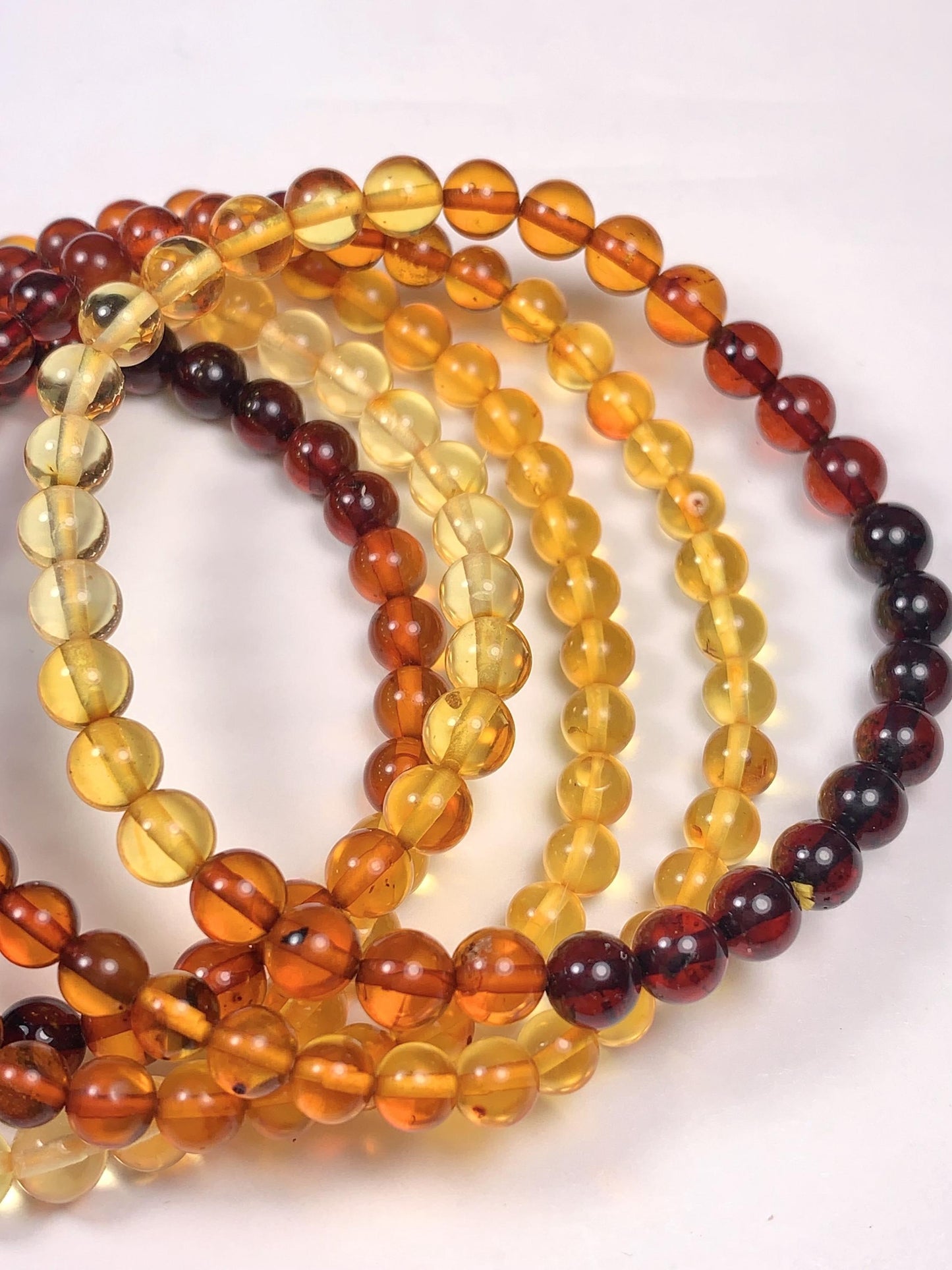 Natural Amber Smooth Round Bead Bracelet: Yellow Gold Orange Brown, 6mm