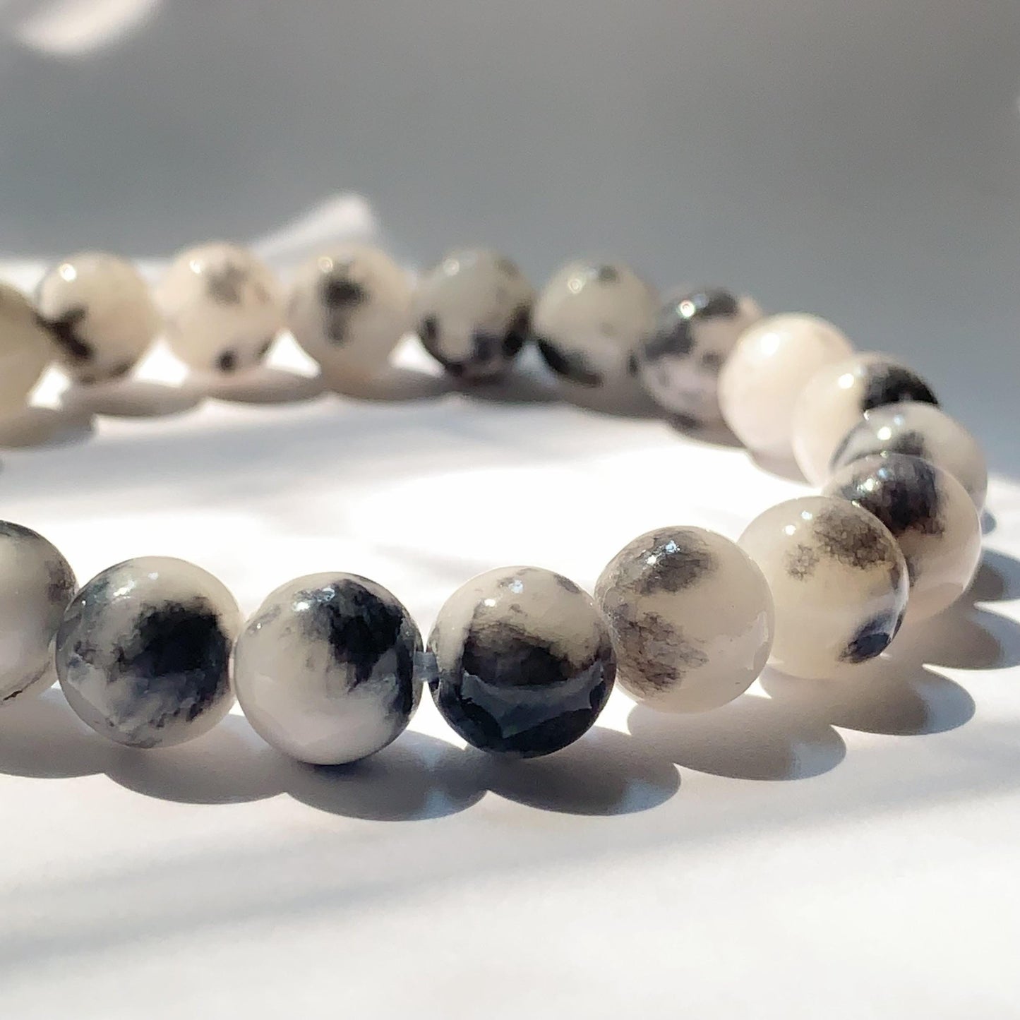 Black White Botswana Jade Stretch Bracelet: AAA Grade Gemstone, Handmade in USA
