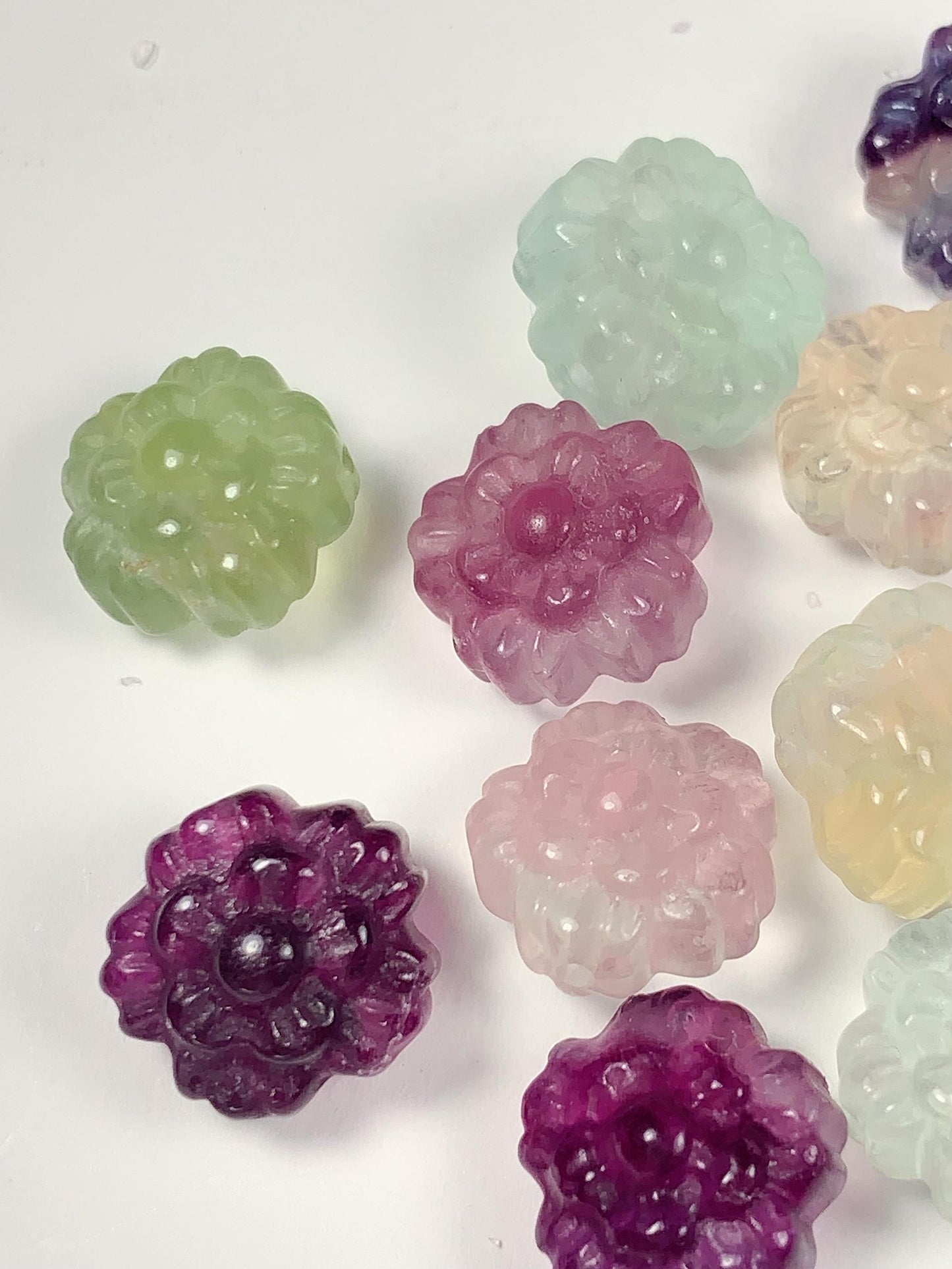 13mm Natural Rainbow Fluorite Flower Carved Beads: Loose Gemstone