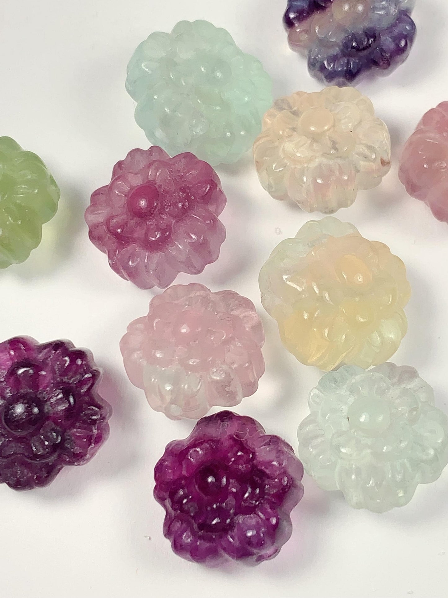 13mm Natural Rainbow Fluorite Flower Carved Beads: Loose Gemstone