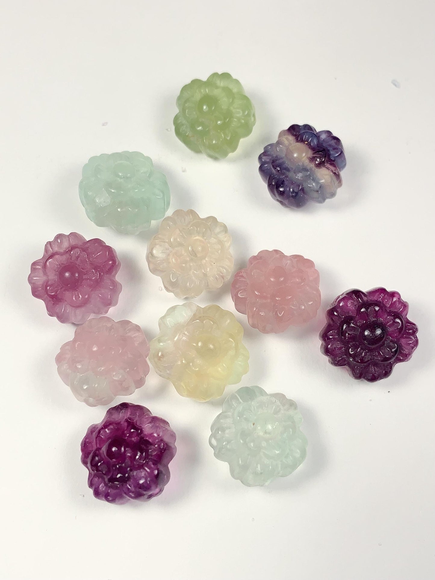 13mm Natural Rainbow Fluorite Flower Carved Beads: Loose Gemstone