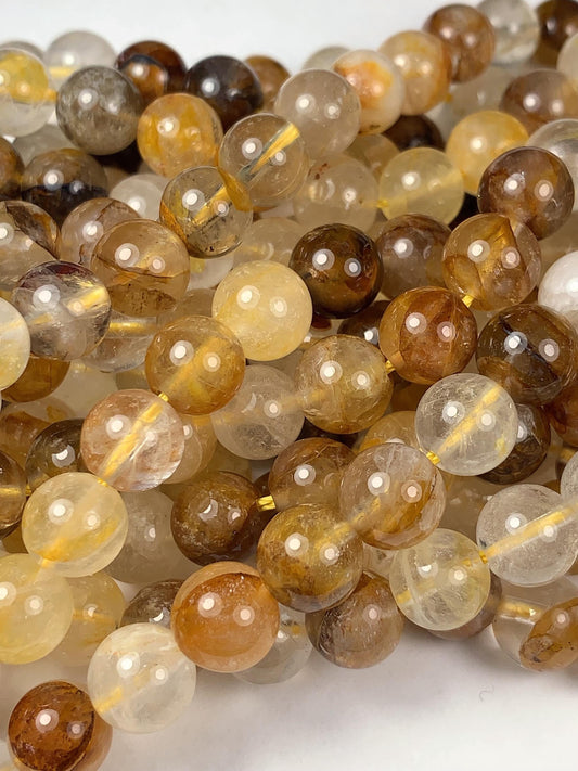 Natural Yellow Hematoid Quartz Smooth Round Beads Gemstone Strand 15.5