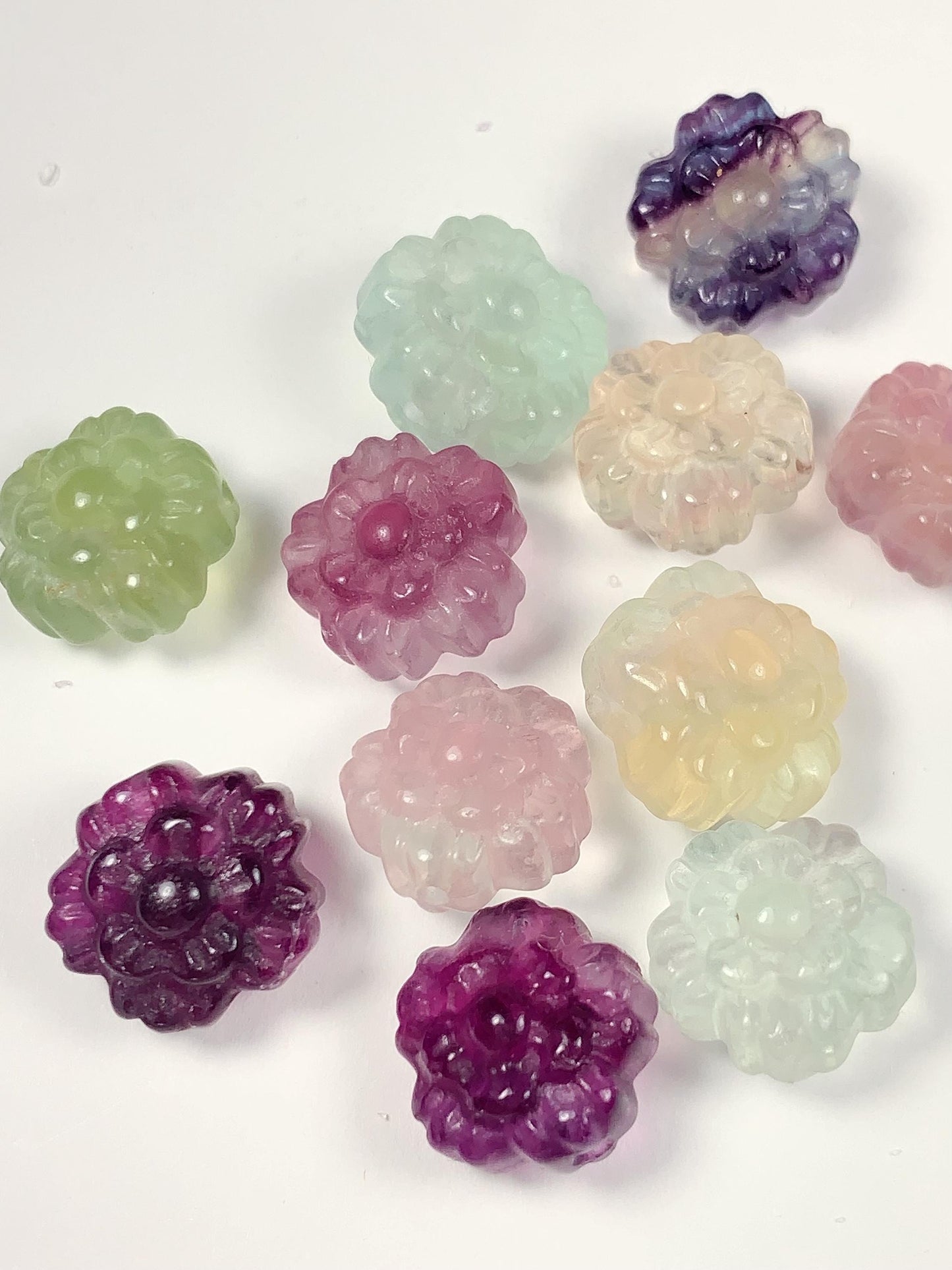 13mm Natural Rainbow Fluorite Flower Carved Beads: Loose Gemstone