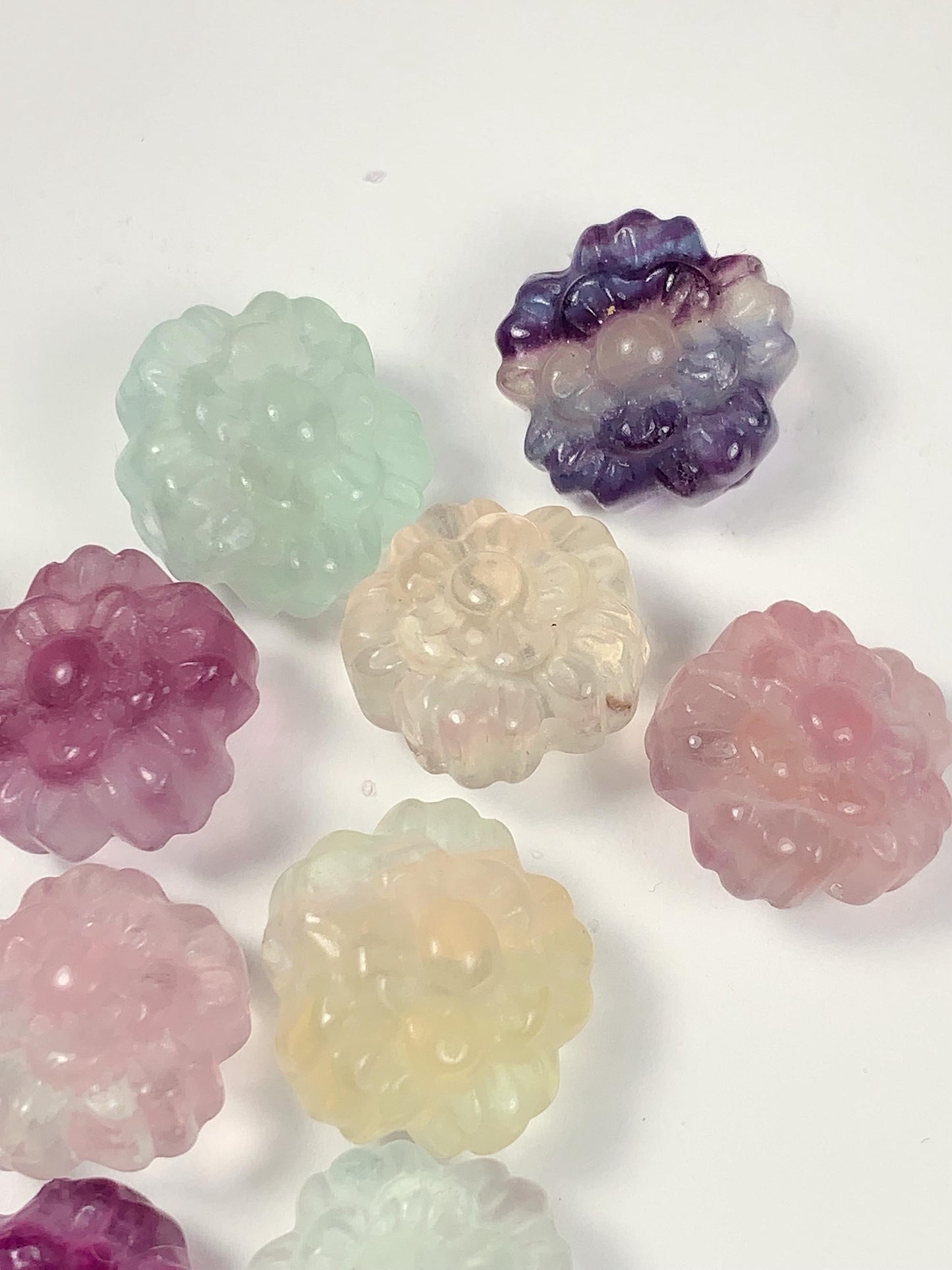 13mm Natural Rainbow Fluorite Flower Carved Beads: Loose Gemstone