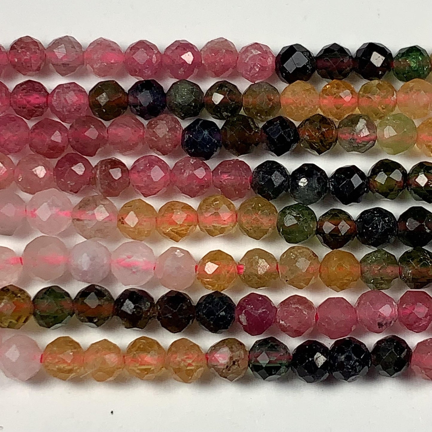 Rainbow Tourmaline Faceted Round Beads: Black, Green, Pink, Orange (15.5" Strand)
