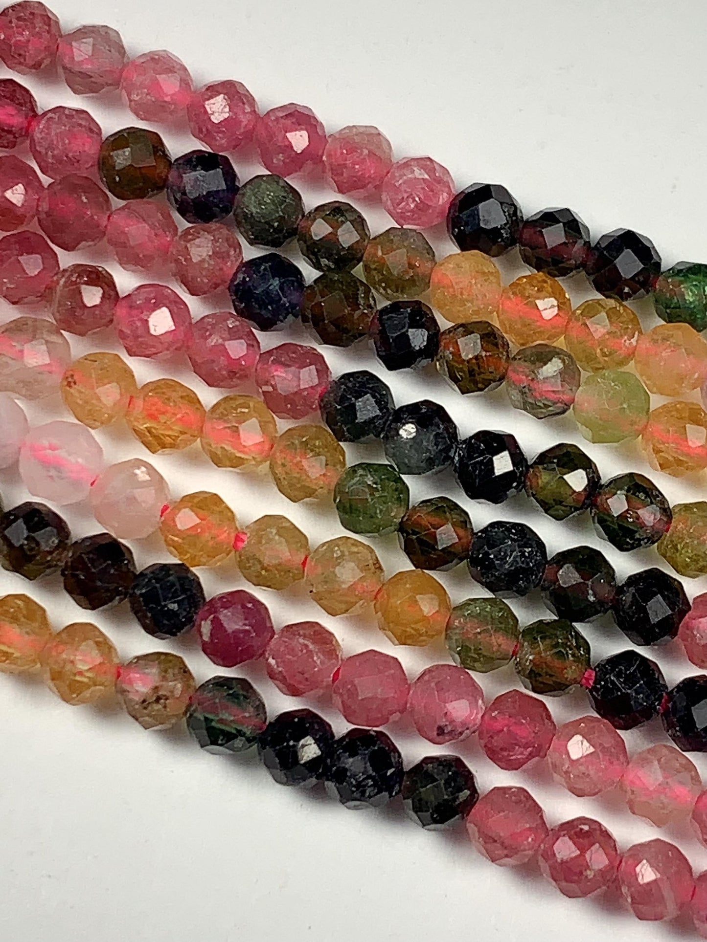 Rainbow Tourmaline Faceted Round Beads: Black, Green, Pink, Orange (15.5" Strand)
