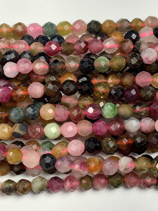 3.8mm Natural Deep Color Black Green Pink Orange Rainbow Tourmaline Faceted Round Beads 15.5" Strand PA20251032