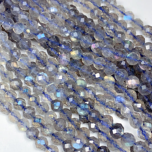 AAA Labradorite Faceted Round Beads: Natural Gray Blue Gemstone Strand