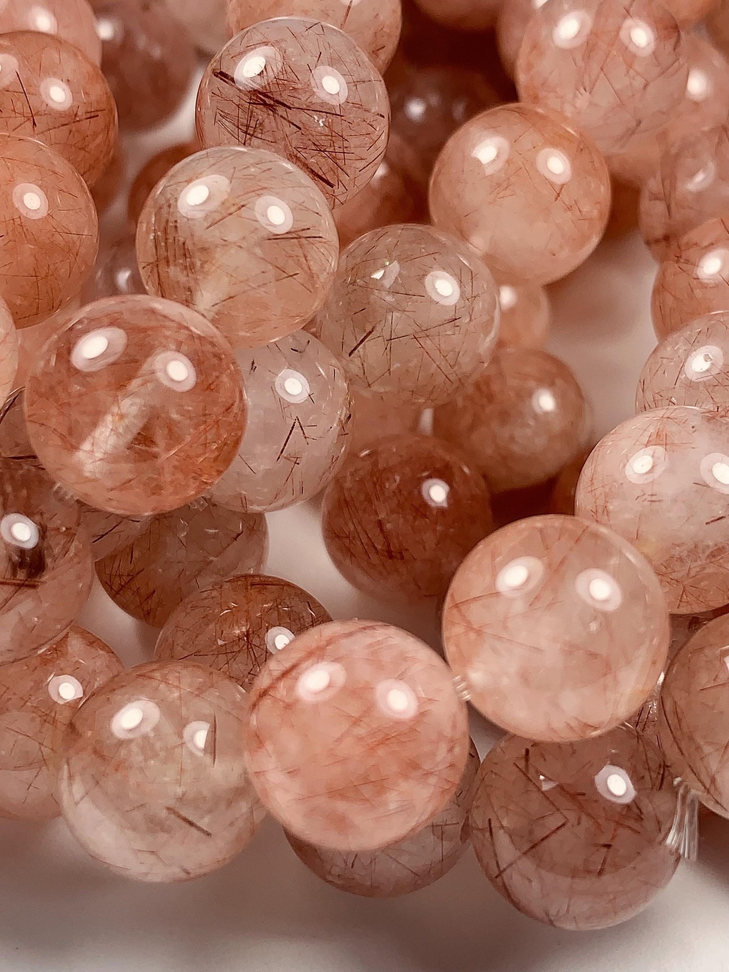 High Quality Natural Transparent Red Copper Rutilated Quartz Smooth Round Beads: 15.5 Strand Gemstone reddish rutile inclusions crystal