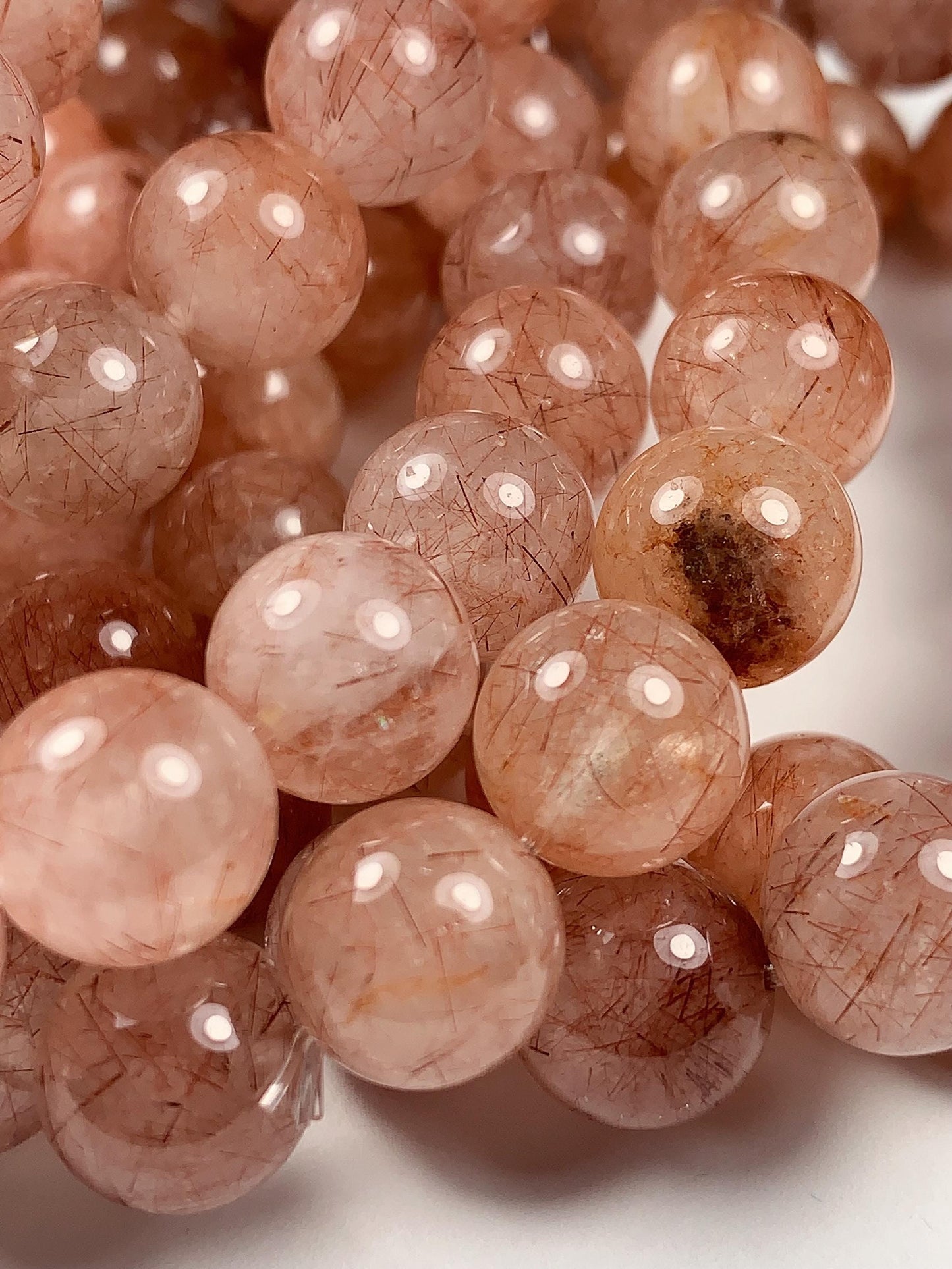 High Quality Natural Transparent Red Copper Rutilated Quartz Smooth Round Beads: 15.5 Strand Gemstone reddish rutile inclusions crystal
