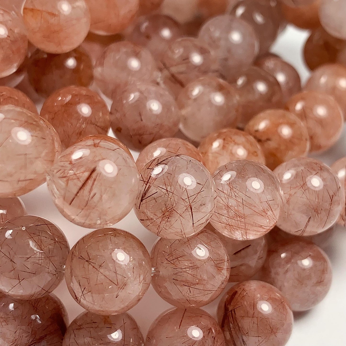 High Quality Natural Transparent Red Copper Rutilated Quartz Smooth Round Beads: 15.5 Strand Gemstone reddish rutile inclusions crystal