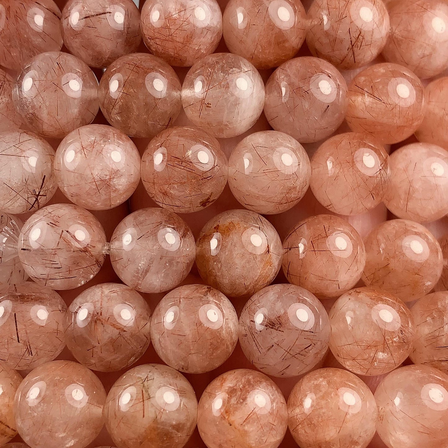High Quality Natural Transparent Red Copper Rutilated Quartz Smooth Round Beads: 15.5 Strand Gemstone reddish rutile inclusions crystal