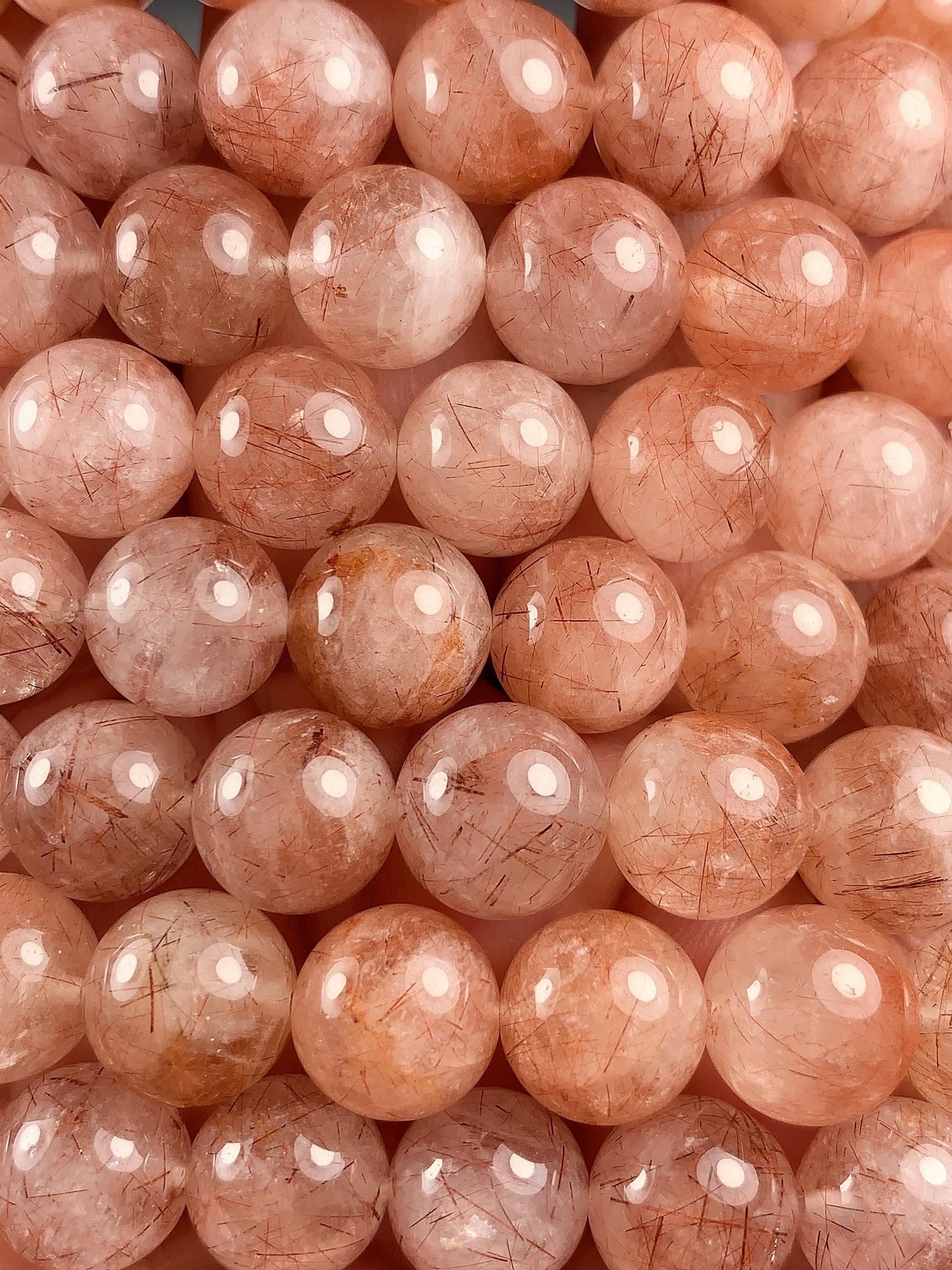 High Quality Natural Transparent Red Copper Rutilated Quartz Smooth Round Beads: 15.5 Strand Gemstone reddish rutile inclusions crystal