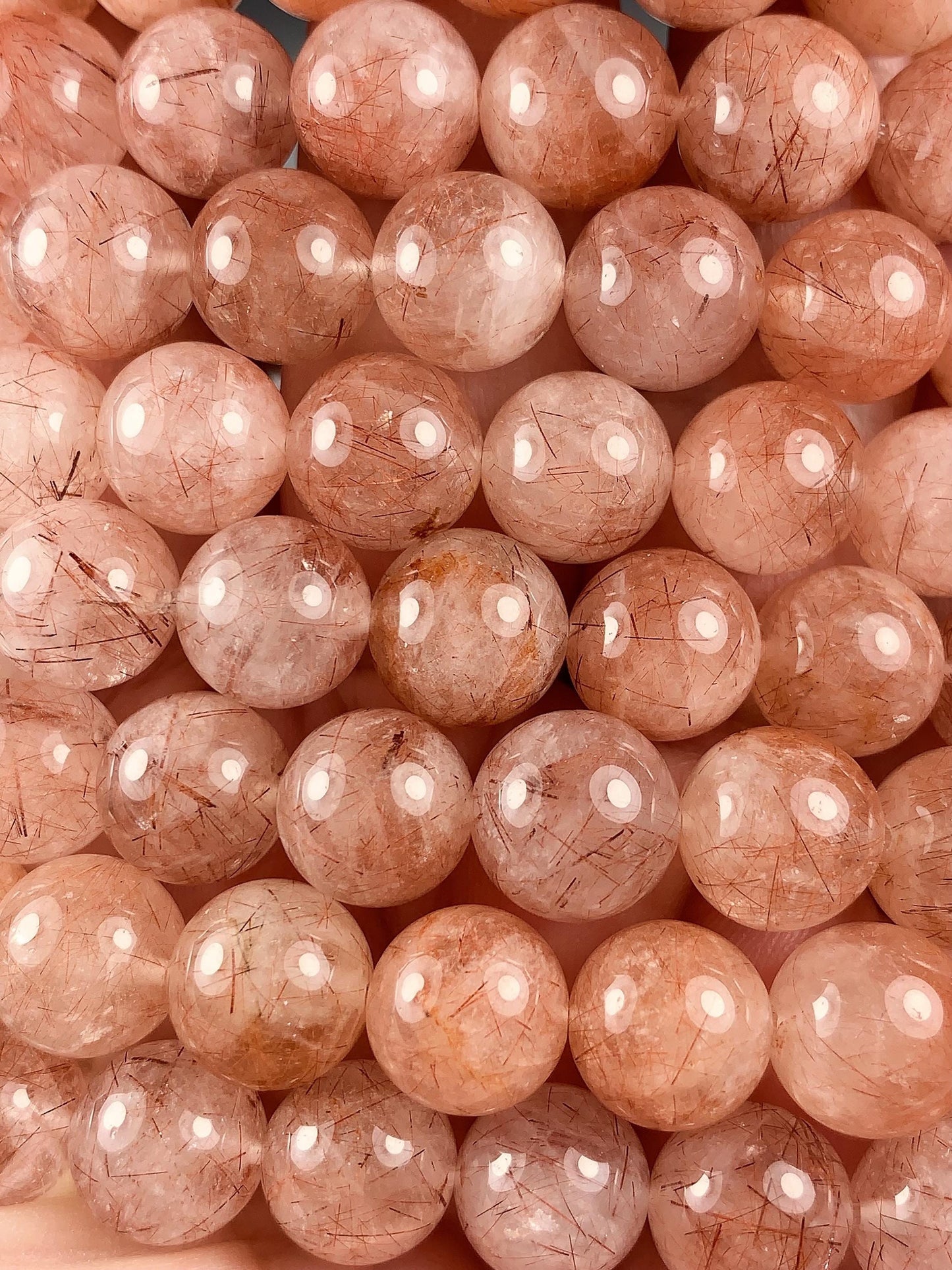High Quality Natural Transparent Red Copper Rutilated Quartz Smooth Round Beads: 15.5 Strand Gemstone reddish rutile inclusions crystal