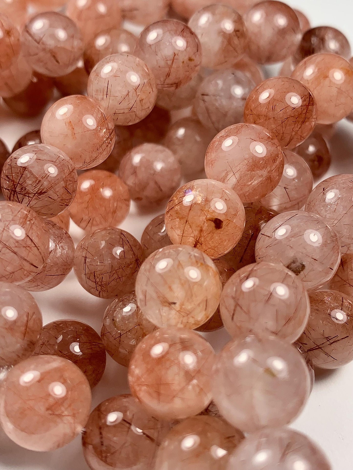 High Quality Natural Transparent Red Copper Rutilated Quartz Smooth Round Beads: 15.5 Strand Gemstone reddish rutile inclusions crystal