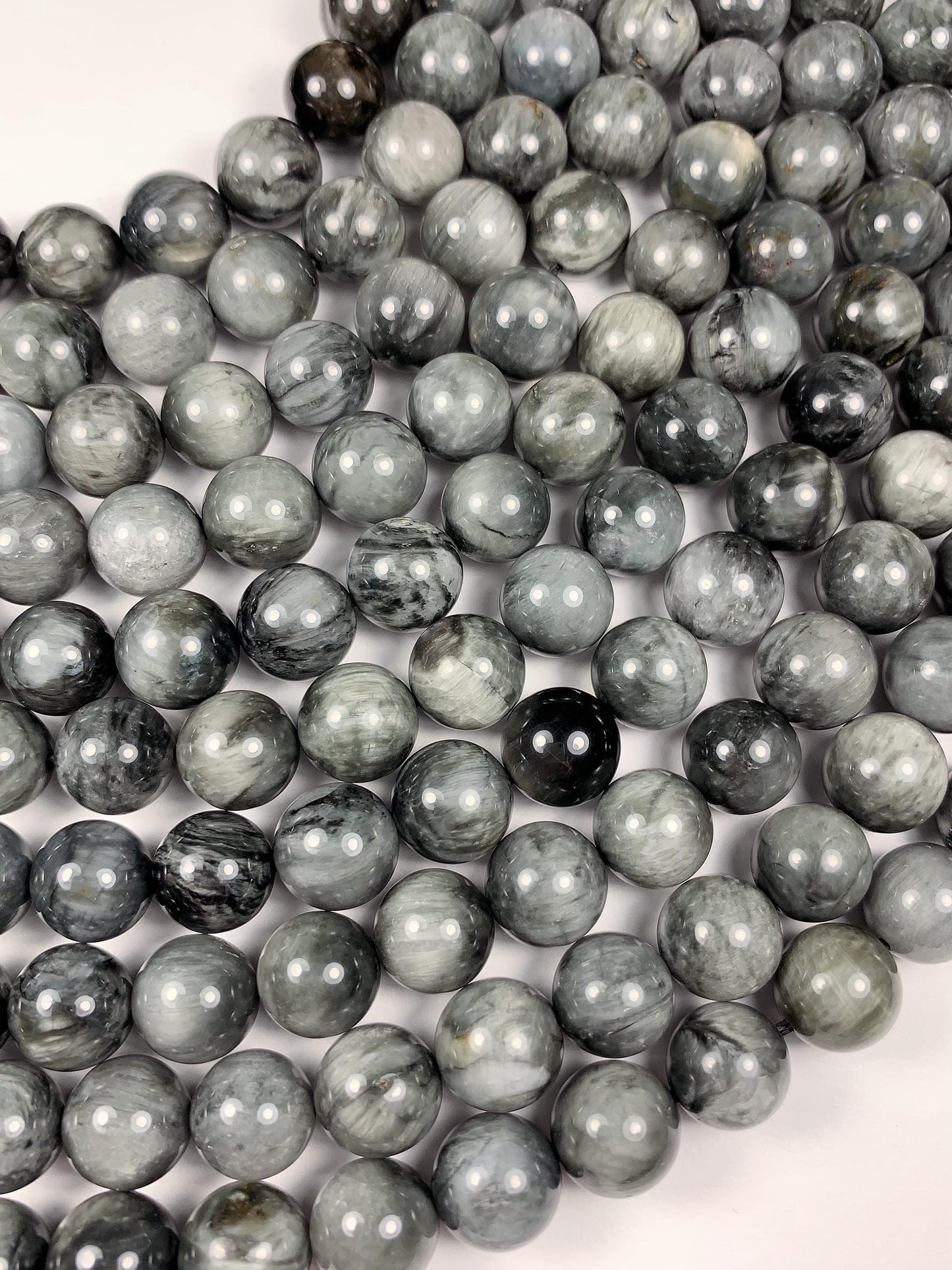 10mm AAA Natural Black Gray Hawks eye Smooth Round Beads: Gemstone Strand, 15.5"