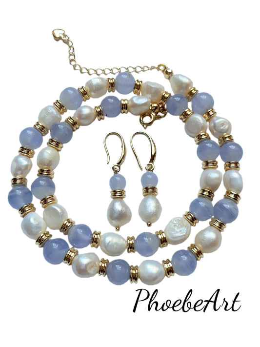 Set Jewelry  Freshwater Pearl 18K Gold Filled Bracelet, Necklace & Earrings Set