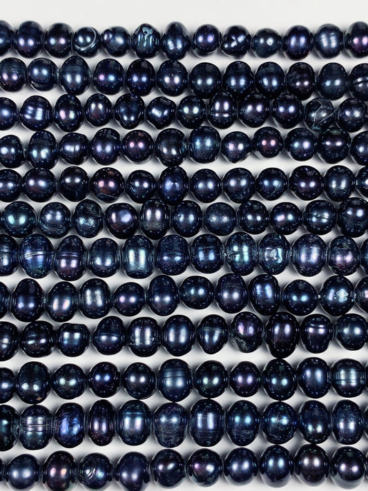 6mm Dyed Black Natural Freshwater Oval Pearl  Beads Genuine Gemstone Strand 13.5+