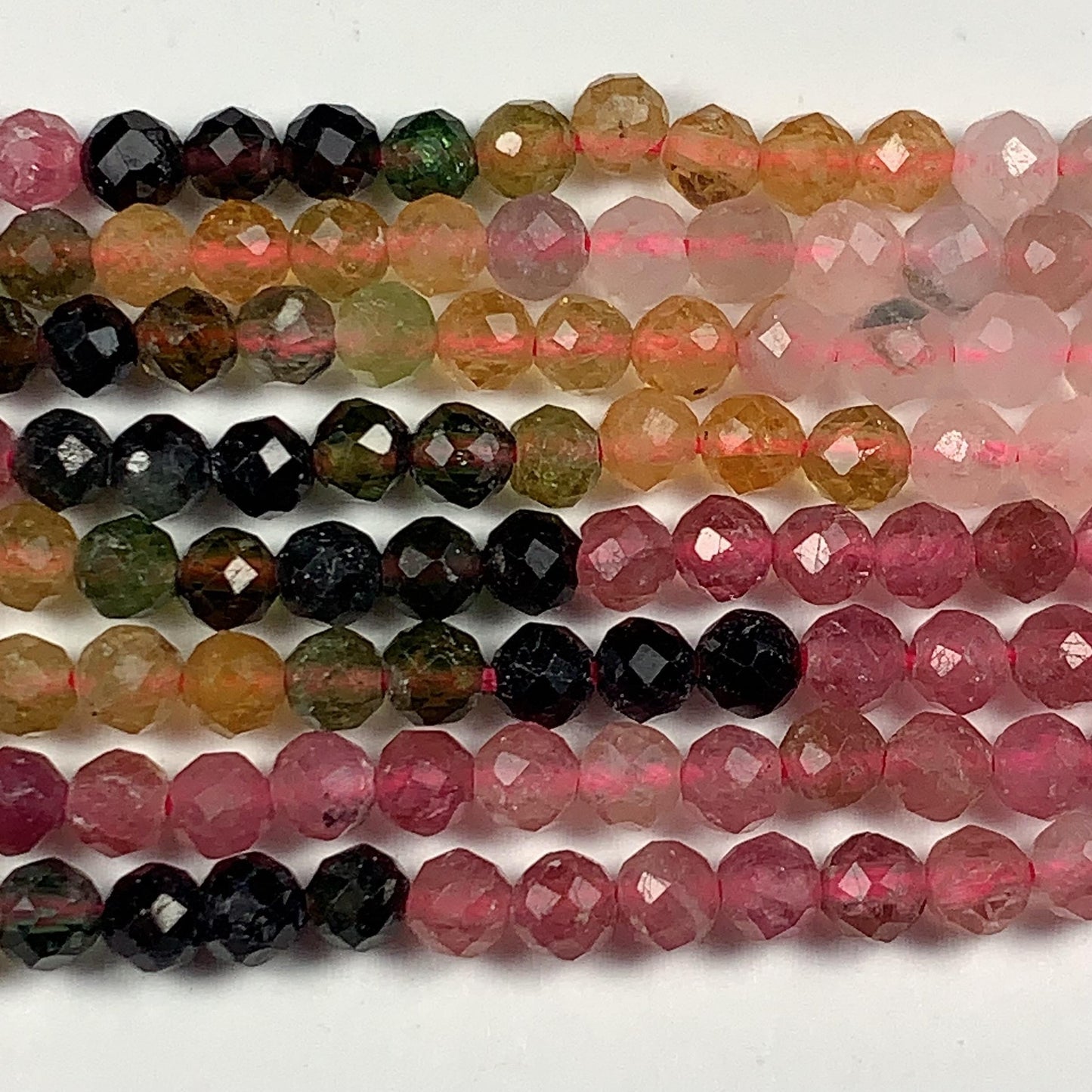 Rainbow Tourmaline Faceted Round Beads: Black, Green, Pink, Orange (15.5" Strand)