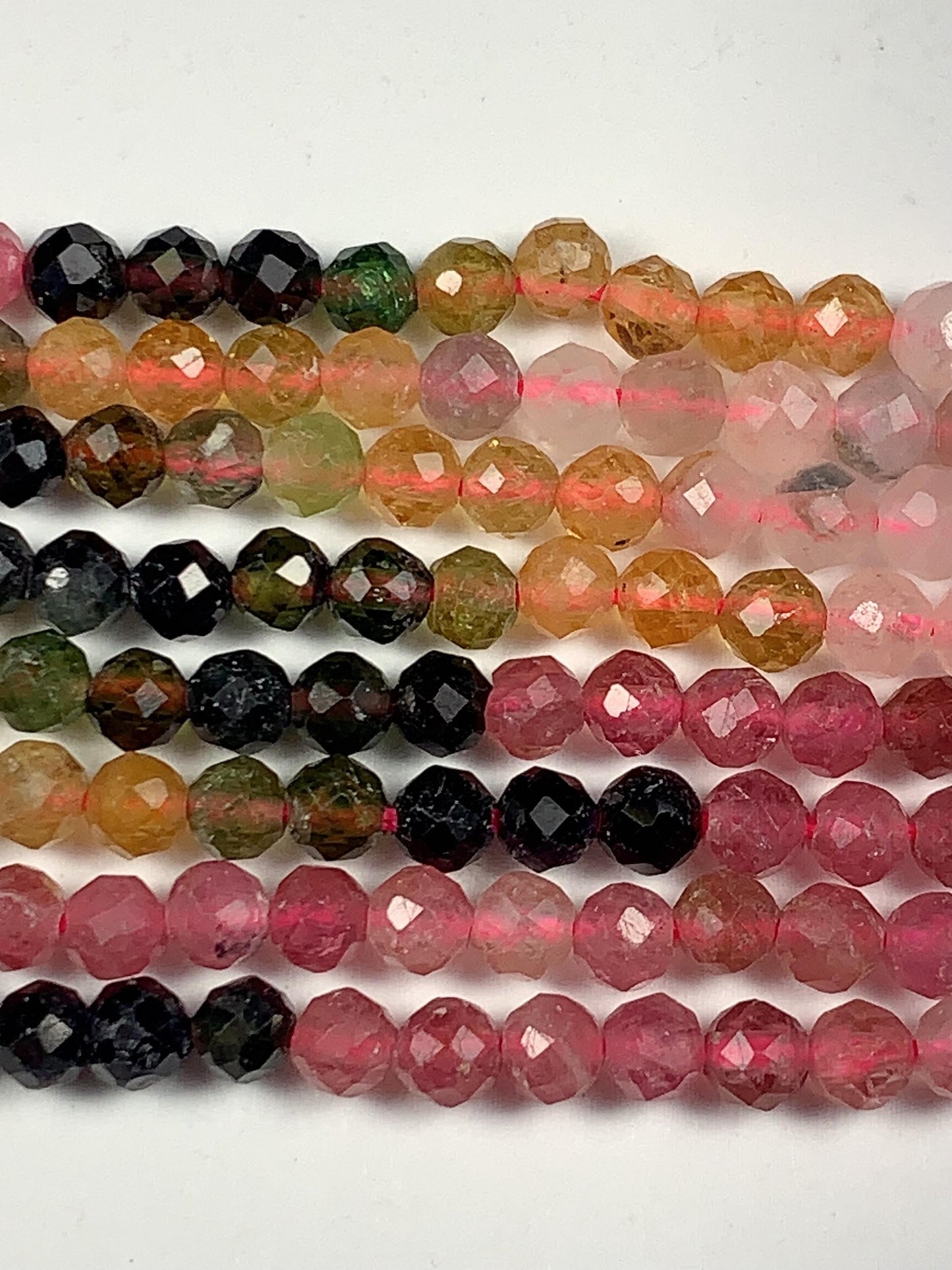 Rainbow Tourmaline Faceted Round Beads: Black, Green, Pink, Orange (15.5" Strand)