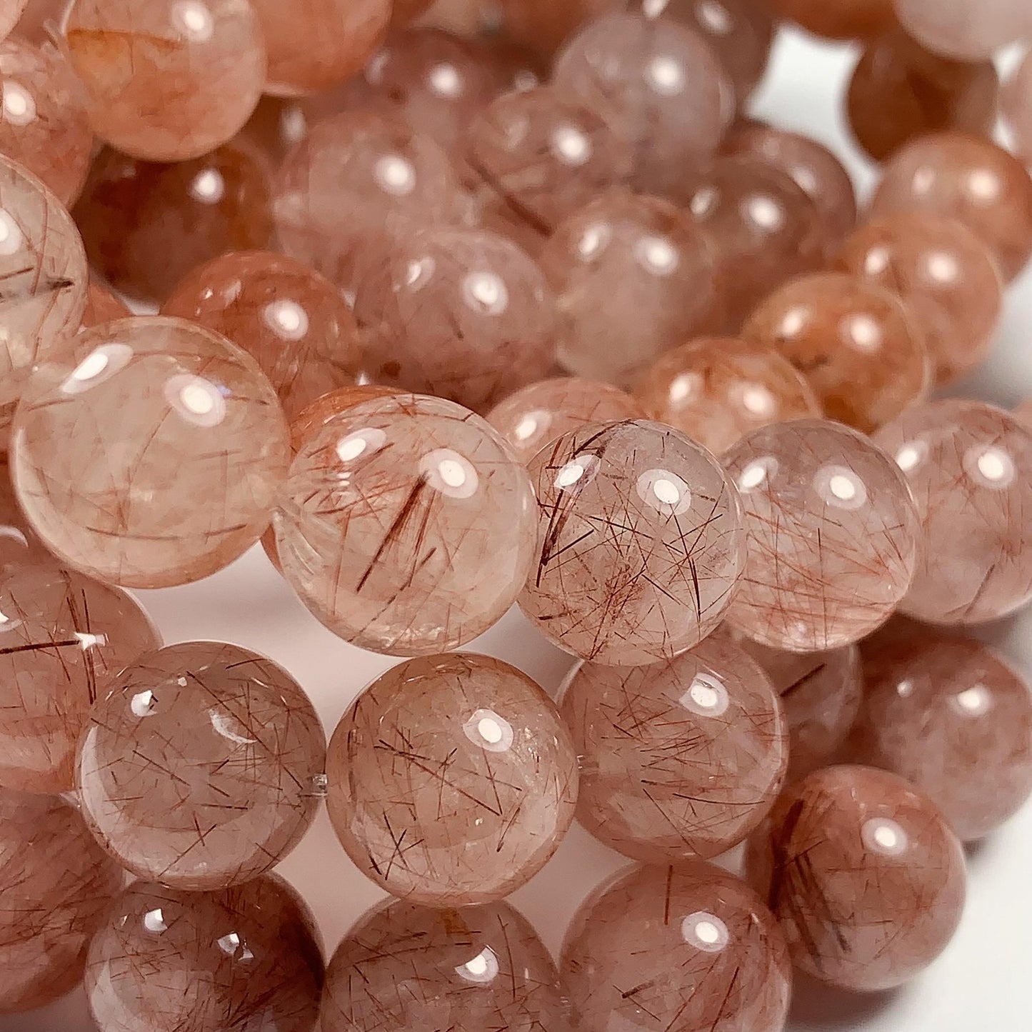 High Quality Natural Transparent Red Copper Rutilated Quartz Smooth Round Beads: 15.5 Strand Gemstone reddish rutile inclusions crystal