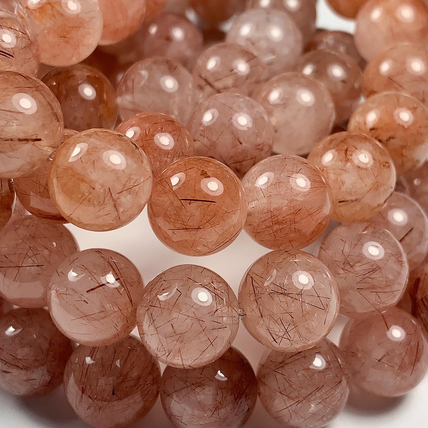 High Quality Natural Transparent Red Copper Rutilated Quartz Smooth Round Beads: 15.5 Strand Gemstone reddish rutile inclusions crystal