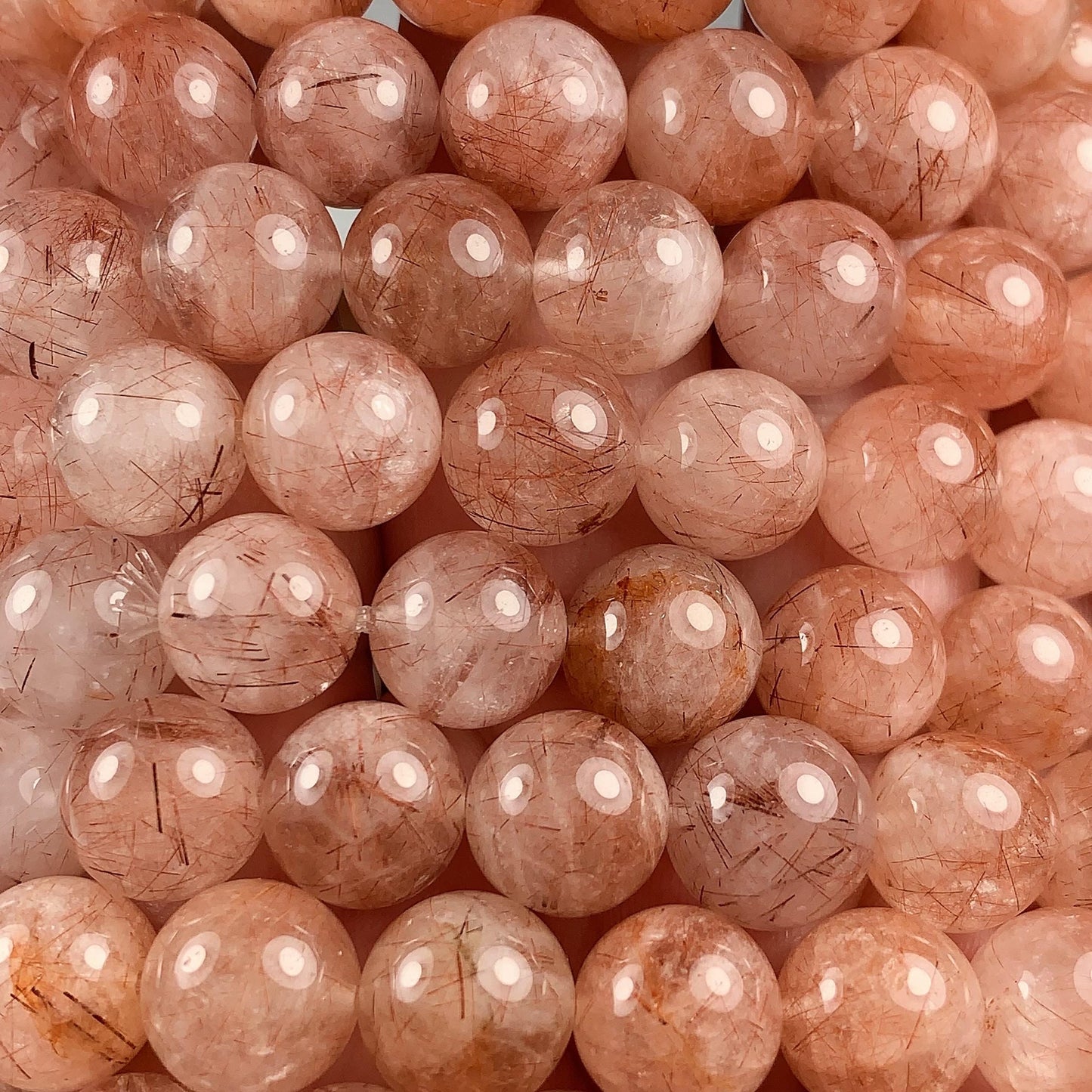 High Quality Natural Transparent Red Copper Rutilated Quartz Smooth Round Beads: 15.5 Strand Gemstone reddish rutile inclusions crystal