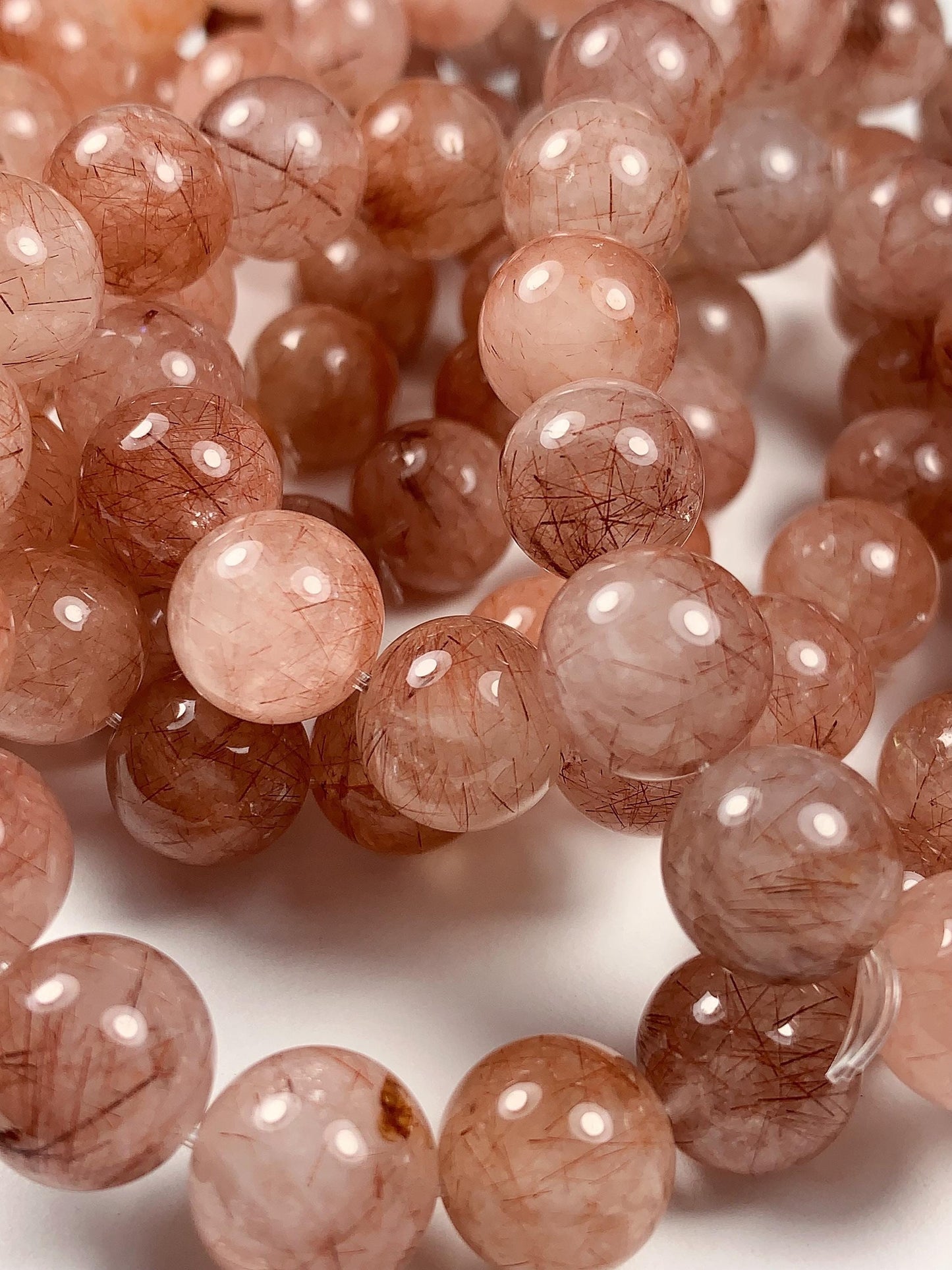 High Quality Natural Transparent Red Copper Rutilated Quartz Smooth Round Beads: 15.5 Strand Gemstone reddish rutile inclusions crystal