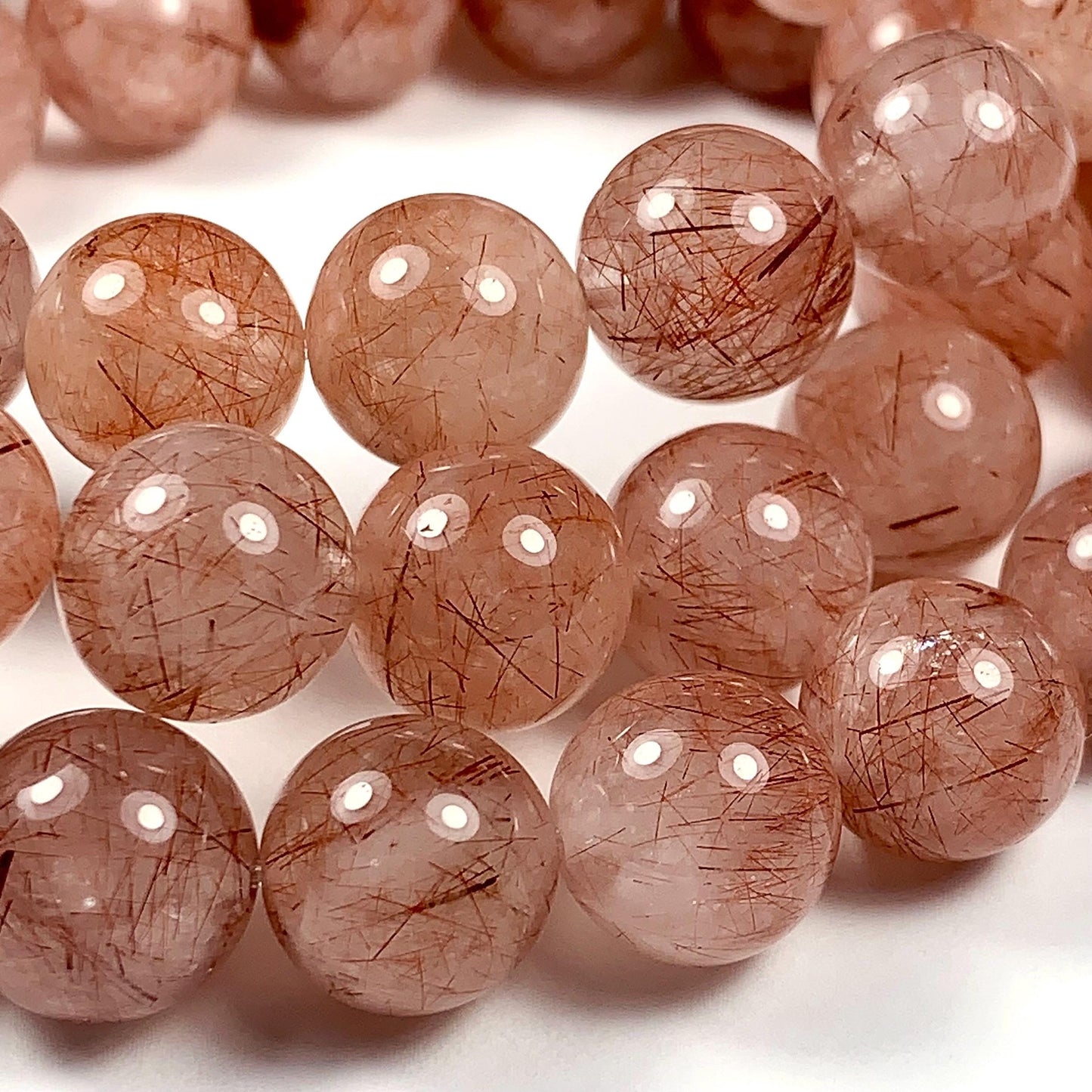High Quality Natural Transparent Red Copper Rutilated Quartz Smooth Round Beads: 15.5 Strand Gemstone reddish rutile inclusions crystal