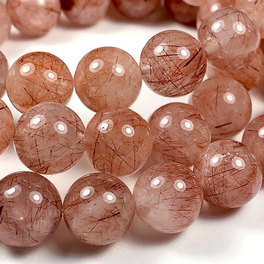 High Quality Natural Transparent Red Copper Rutilated Quartz Smooth Round Beads: 15.5 Strand Gemstone reddish rutile inclusions crystal