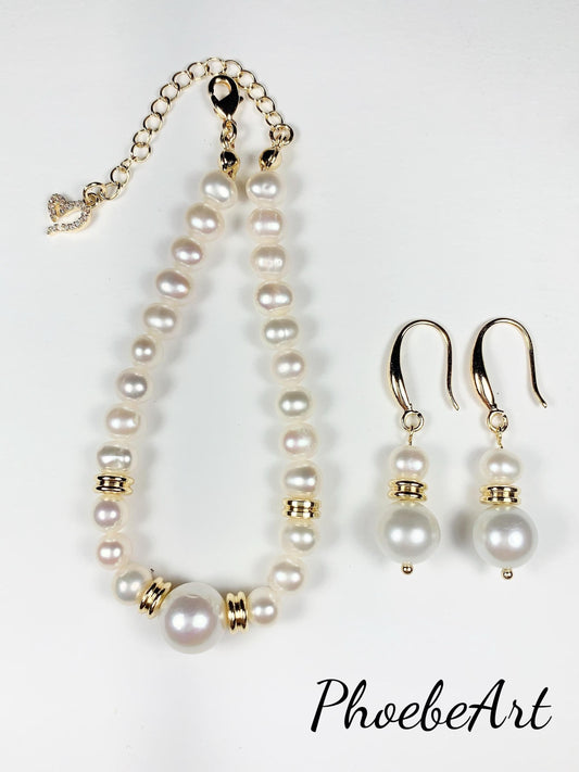 Large 10mm Freshwater Pearl 18K Gold Filled Bracelet, Necklace & Earrings Set