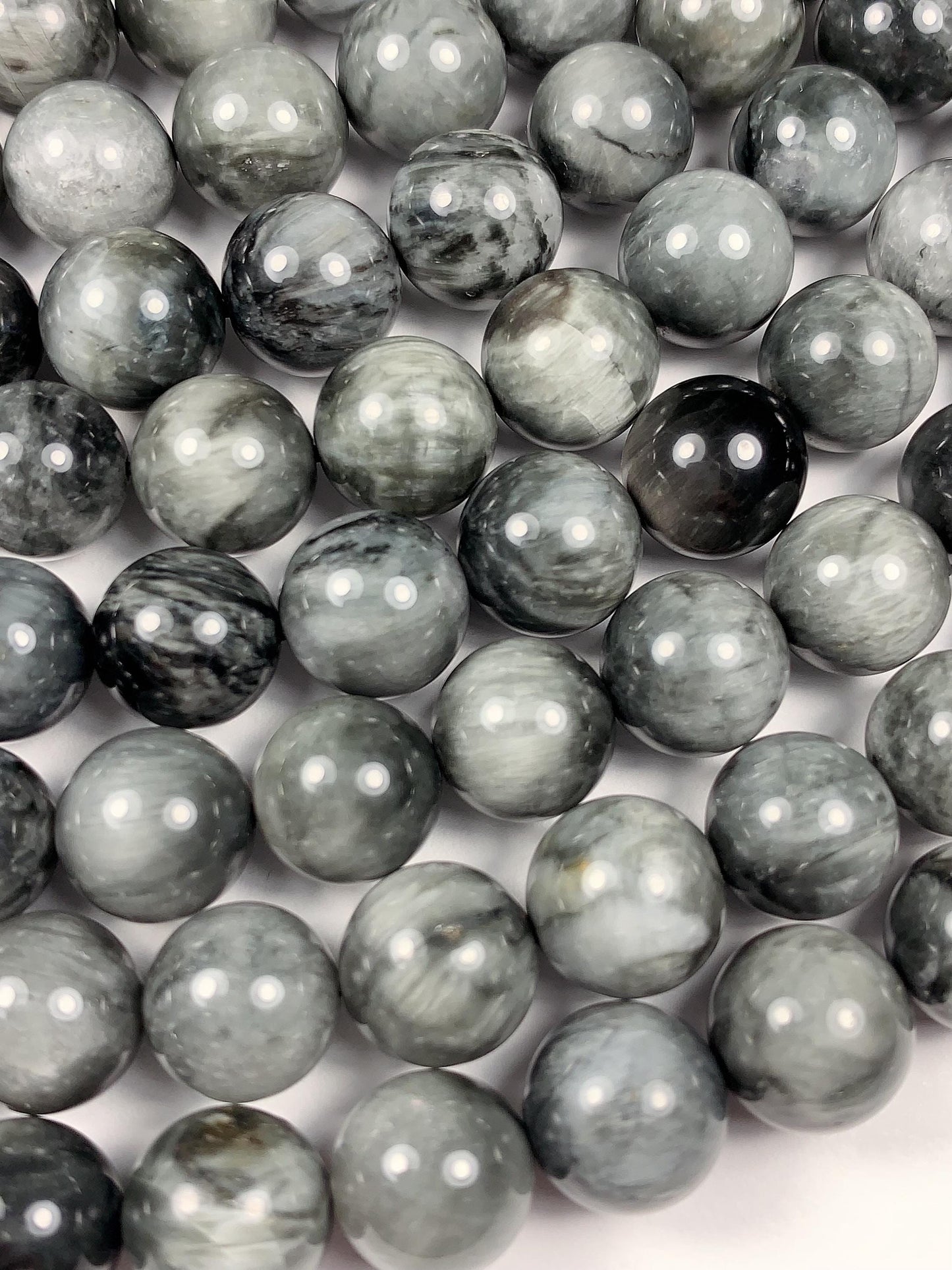 10mm AAA Natural Black Gray Hawks eye Smooth Round Beads: Gemstone Strand, 15.5"