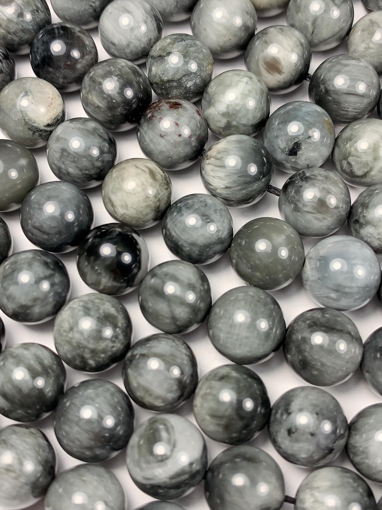 10mm AAA Natural Black Gray Hawks eye Smooth Round Beads: Gemstone Strand, 15.5"