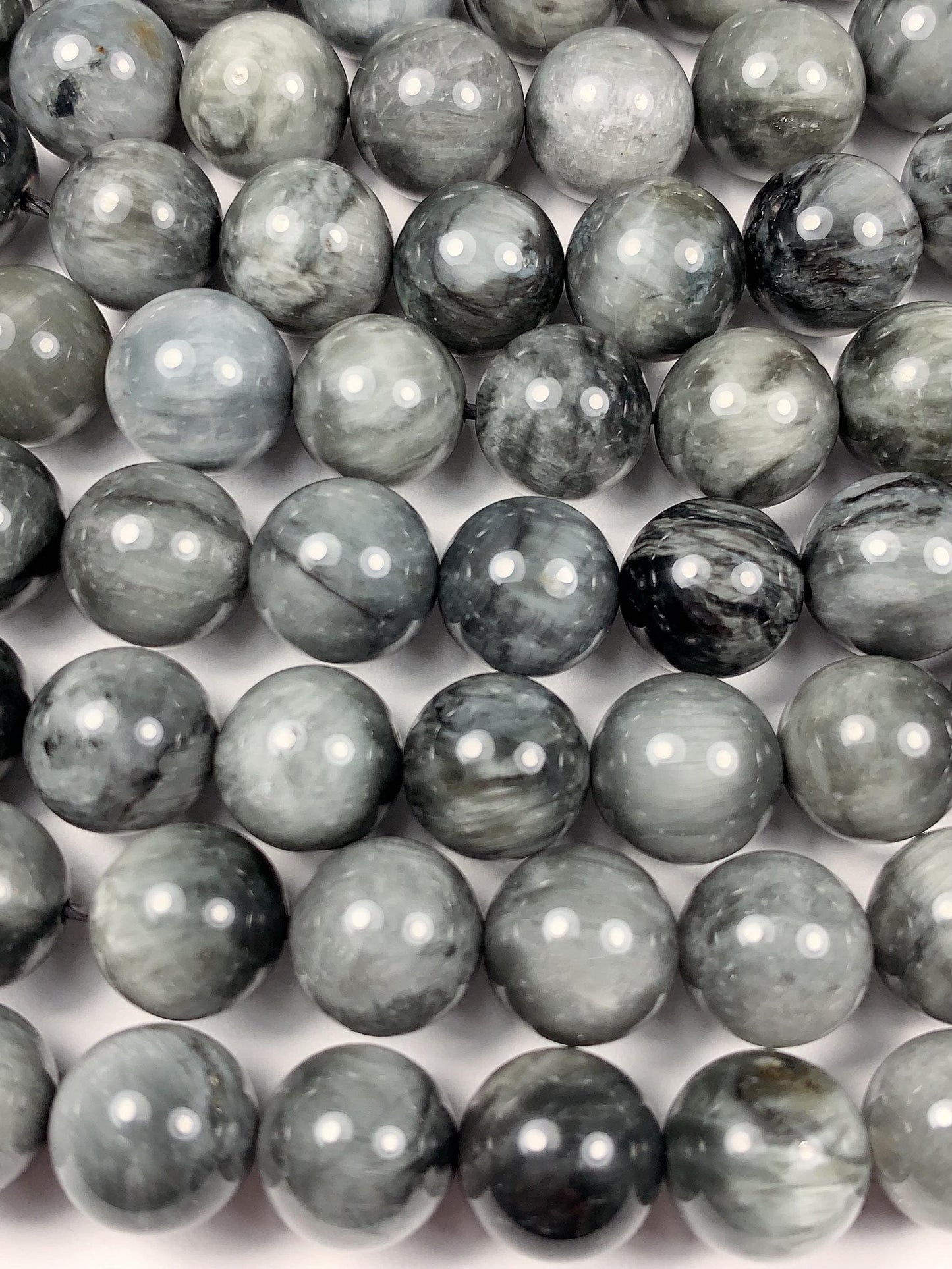 10mm AAA Natural Black Gray Hawks eye Smooth Round Beads: Gemstone Strand, 15.5"