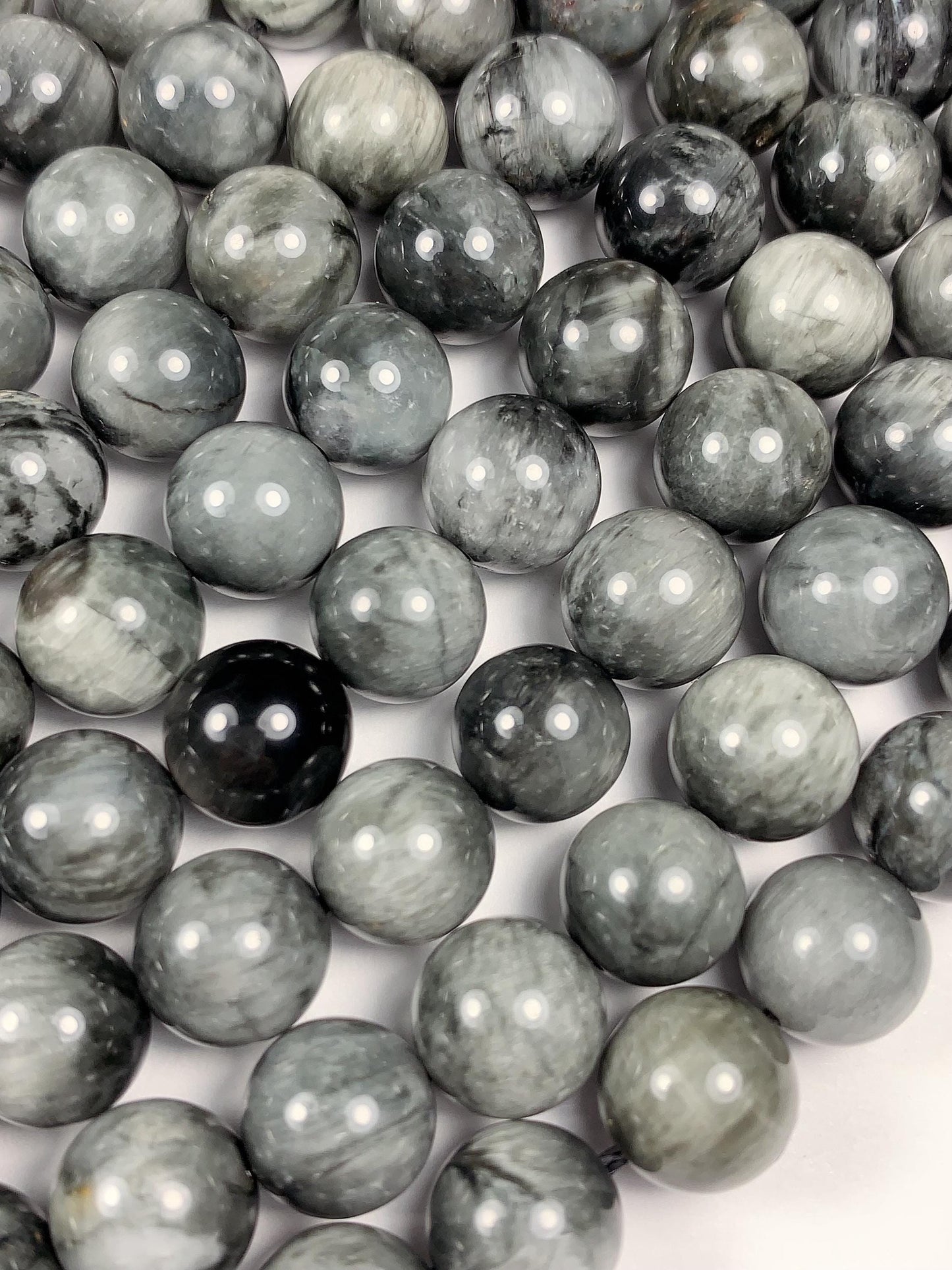 10mm AAA Natural Black Gray Hawks eye Smooth Round Beads: Gemstone Strand, 15.5"
